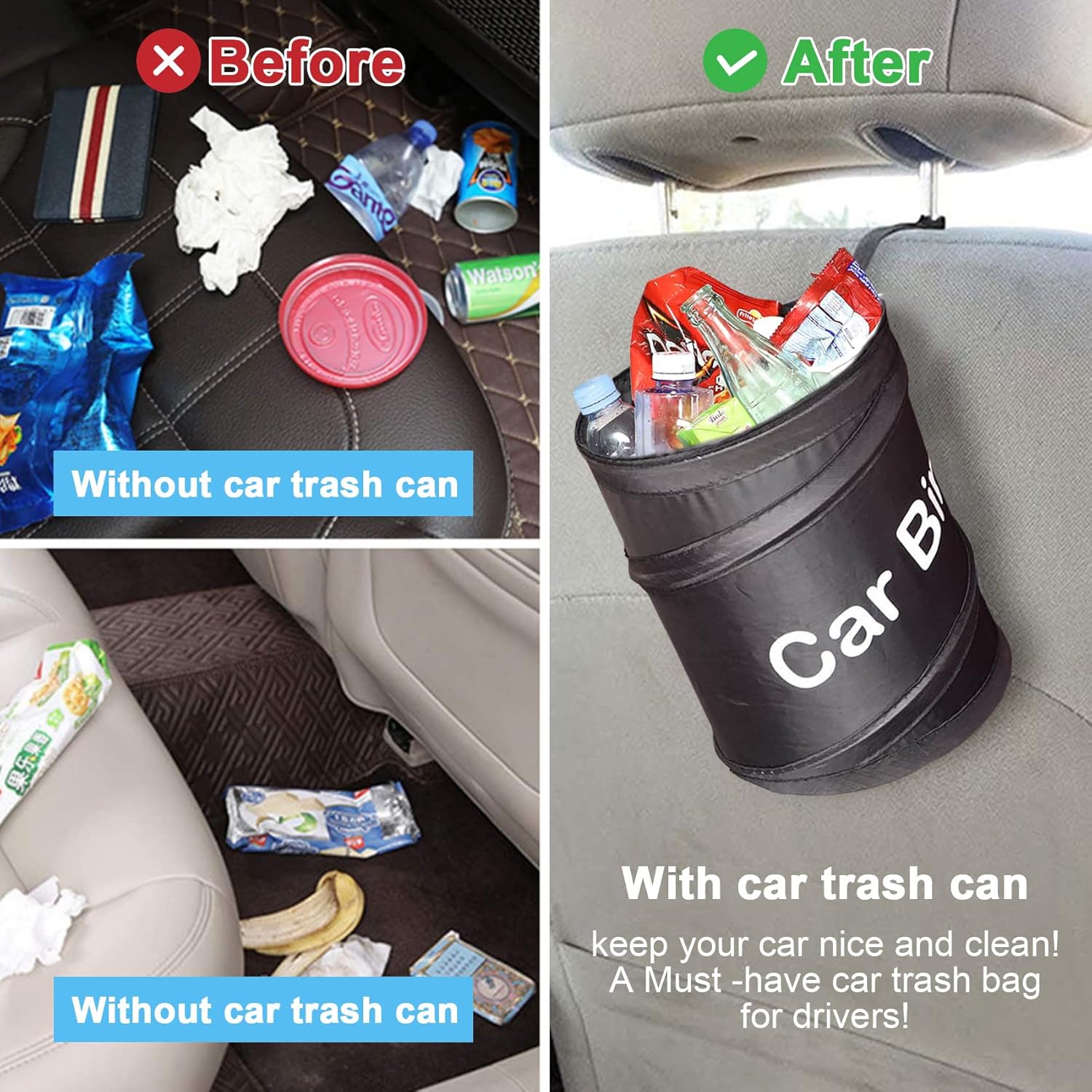 Detalle de TTCOTOKE 2 Pack Collapsible Car Bin – Universal Portable Garbage Storage