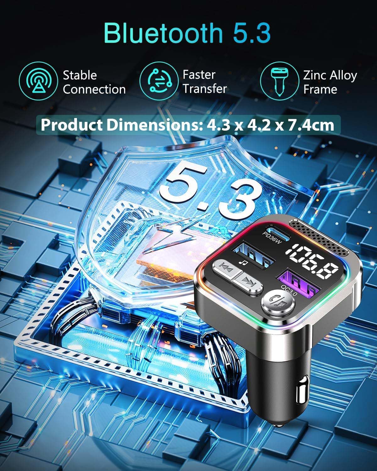 Detalle 2 de ORIA 66W Bluetooth 5.3 FM Transmitter – 36W PD Car Adapter