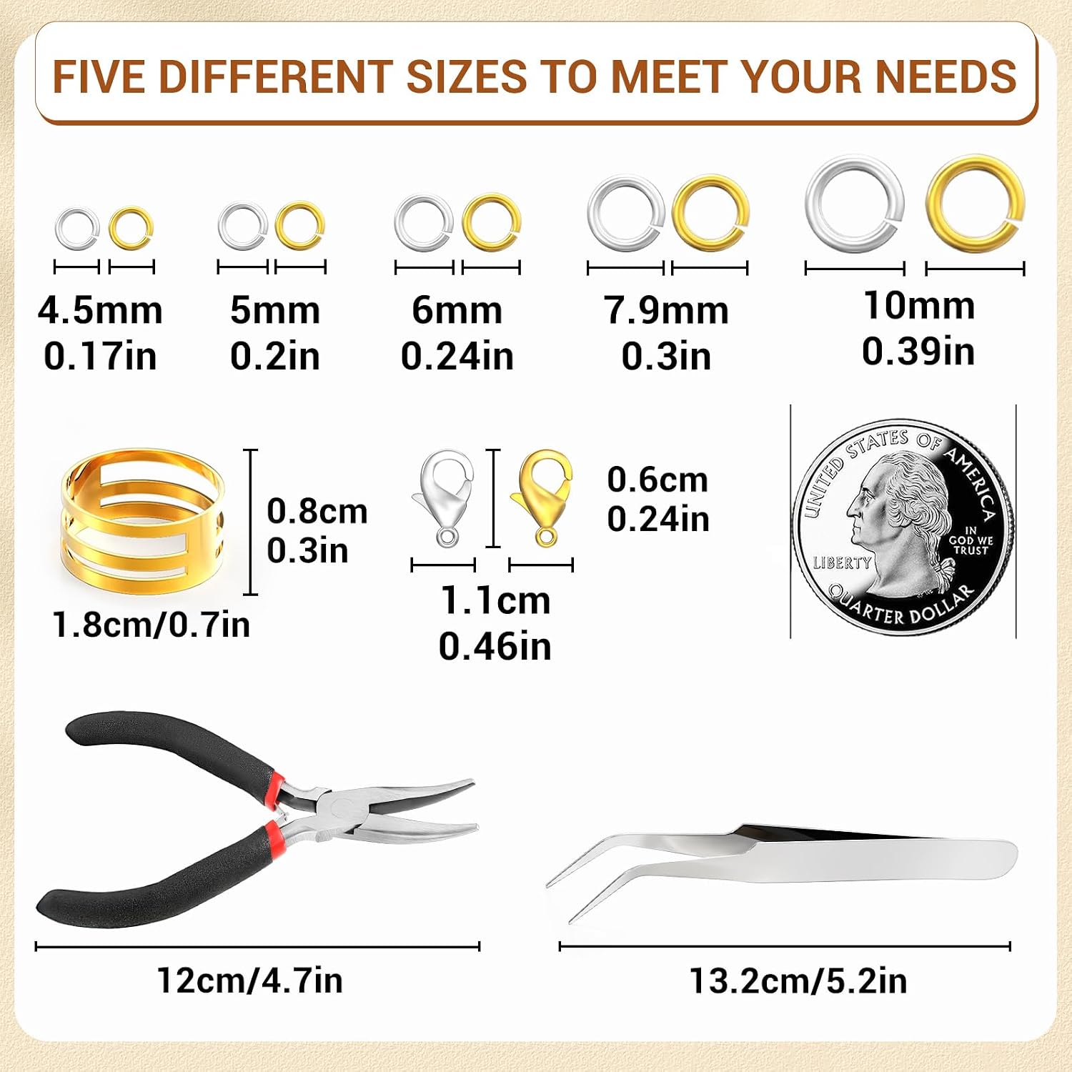 Detalle 2 de Qulltk A-Silver&Gold Jewelry Making Kit, 1,200 Jump Rings in Five Sizes