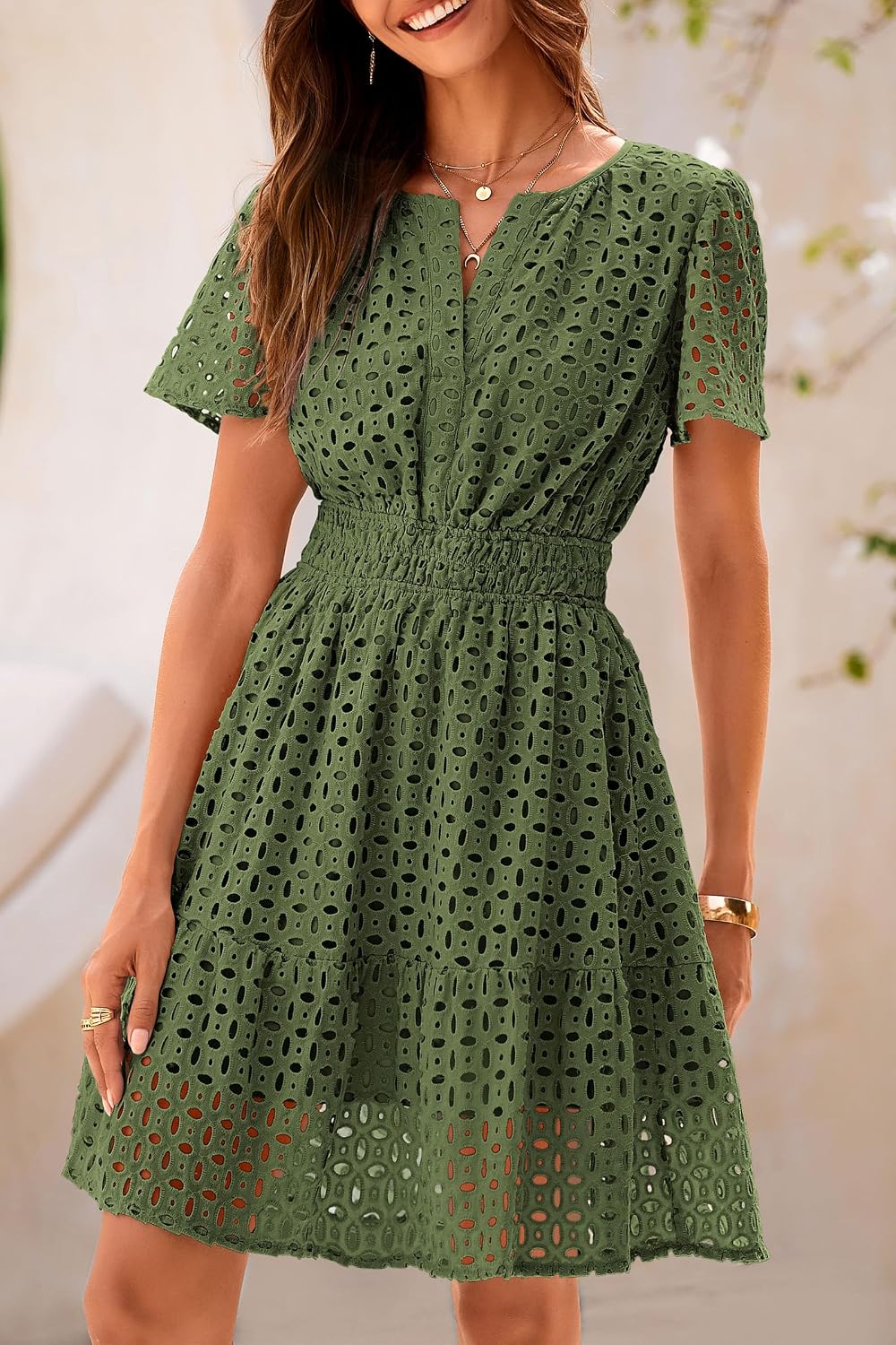 Detalle de PRETTYGARDEN Women’s 2026 Summer V-Neck A-Line Short Dress with Hollow-Out Lace