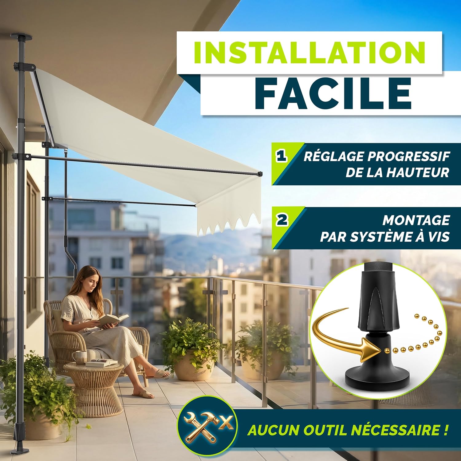 Detalle de Tillvex Store Banne Manuel rétractable avec manivelle pour Le Balcon | Marquise de terrasse sans percement | Marquise Soleil de Balcon auvent téléscopique (Sable, 350cm)