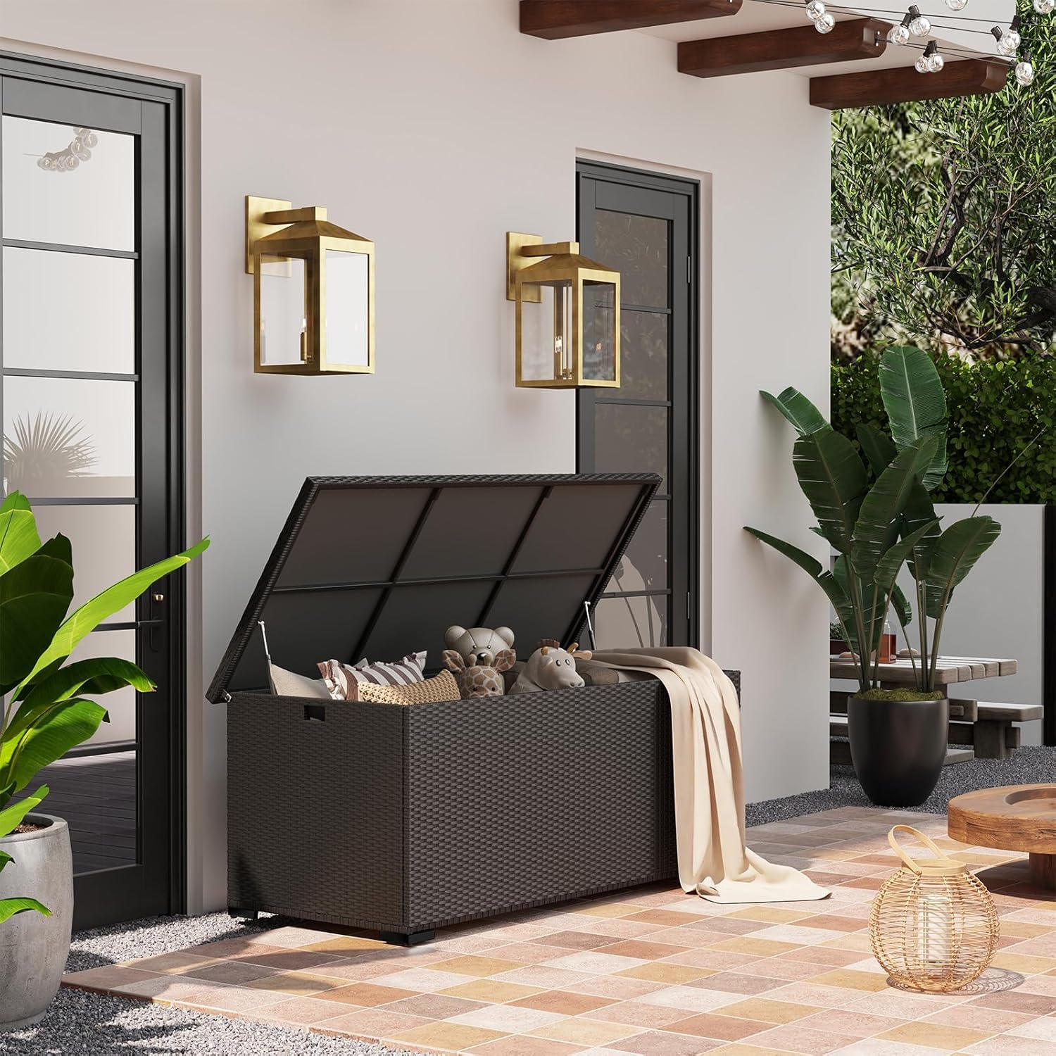 Detalle 2 de Amopatio 650L Gartenbox aus Polyrattan mit Gasdruckfedern – wasserdicht & wetterfest, Auflagenbox für Balkon und Garten