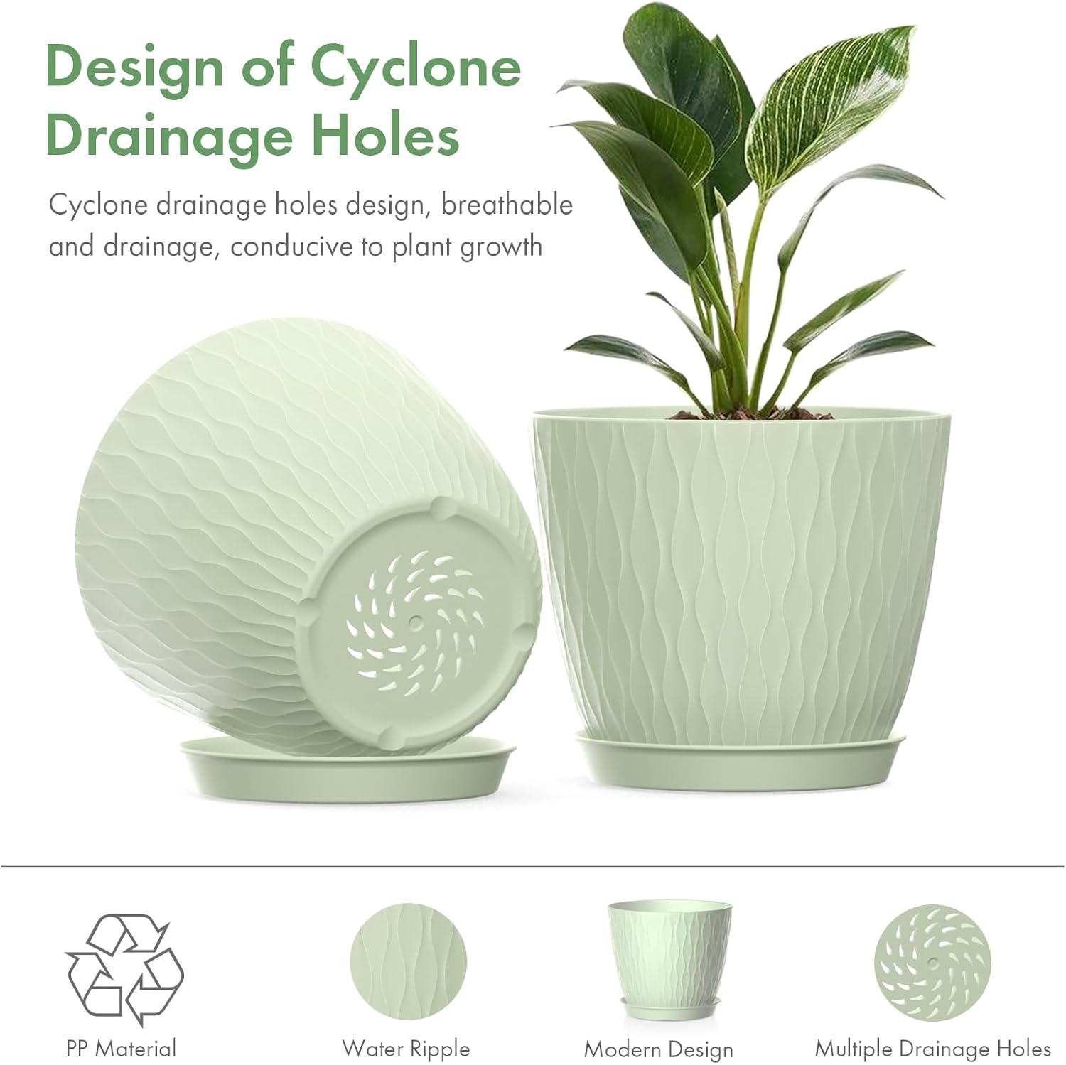 Thumbnail 1 de Homeuouz 5-Pack 15cm Stripe Grooves Plastic Plant Pots with Drainage Holes and Tray (Light Green)