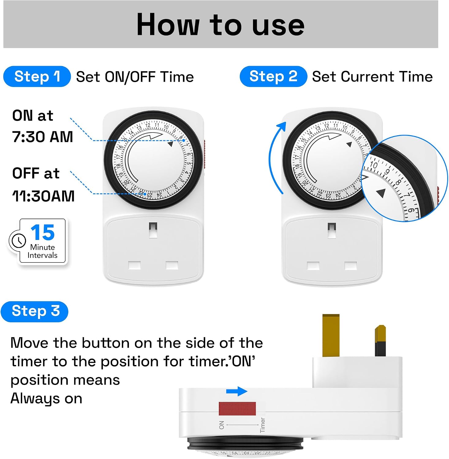 Detalle de HBN 24 Hour Timer Plug Socket UK: Precise 15‑Minute Scheduling for Lamps, Christmas Lights and More