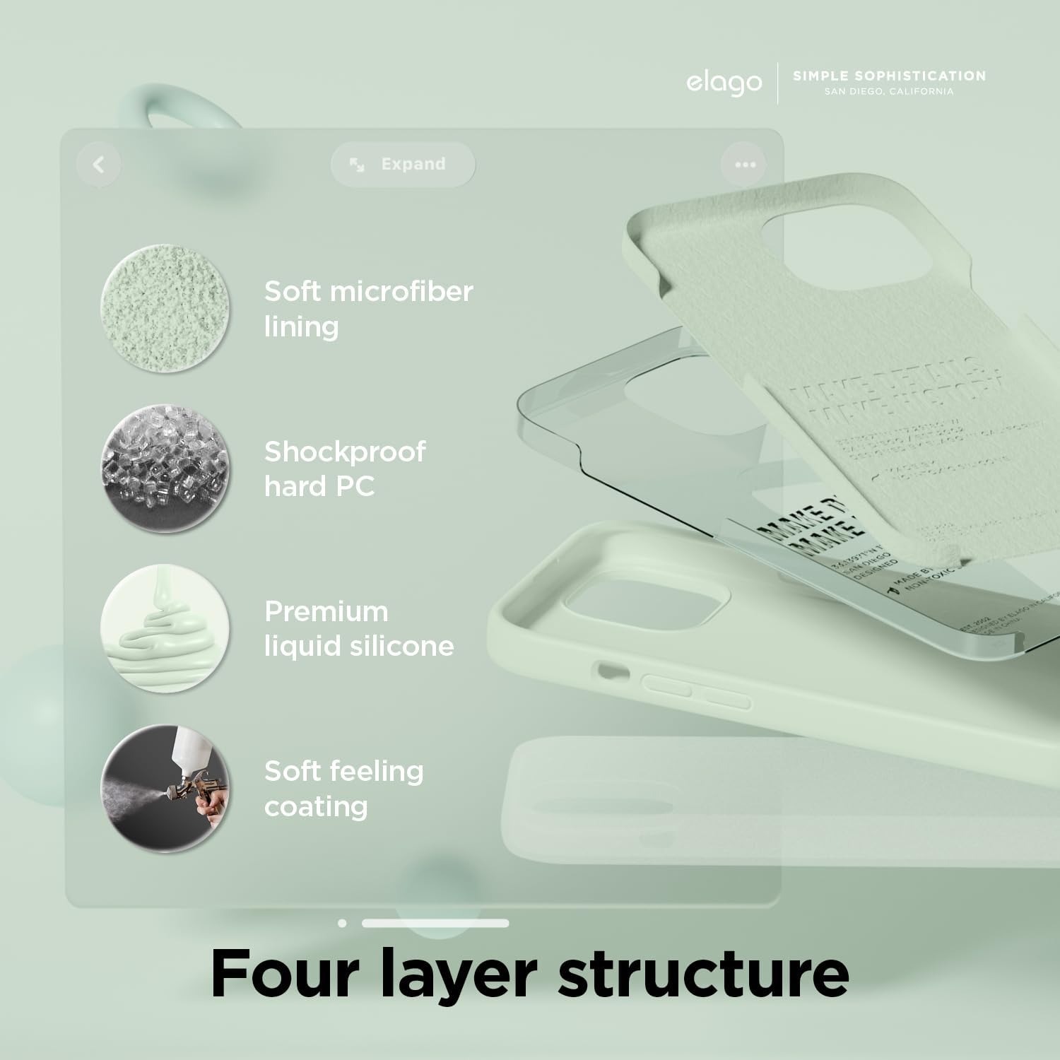 Detalle de elago Cover in Silicone Liquido per iPhone 15 Pro Max con fodera in microfibra e protezione antiurto a 4 strati