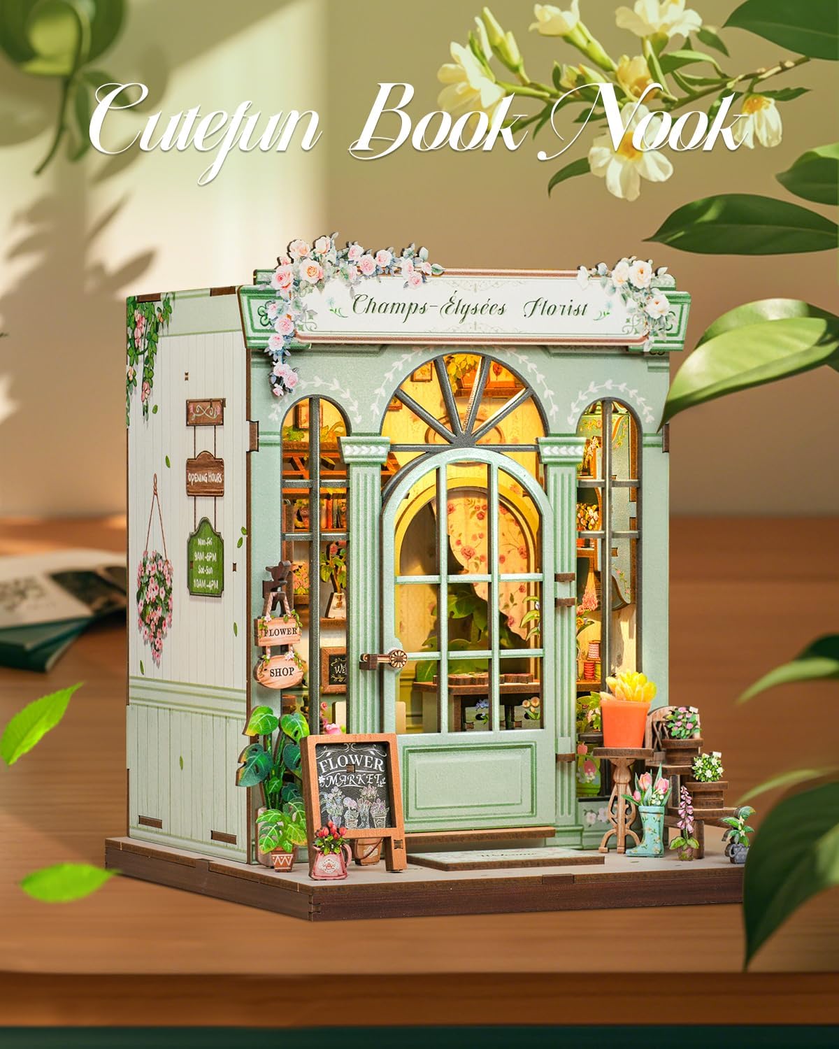 Detalle de Cutefun Book Nook „Champs-Élysées Florist“ – DIY Miniatur-Bausatz für Erwachsene (3D-Holzpuzzle)