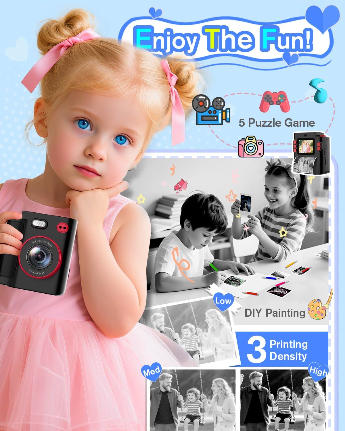 Thumbnail 2 de MYSTILUCK appareil photo instantané pour enfants (1080P) avec impression thermique, carte 32 Go et papier photo