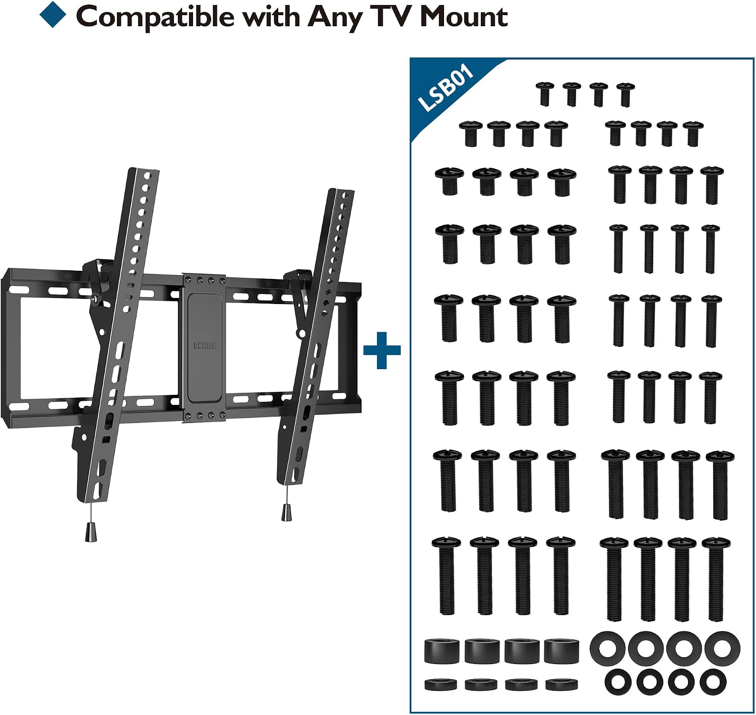 Detalle de BONTEC TV-monteringssats med M4–M8-skruvar, brickor och distanser