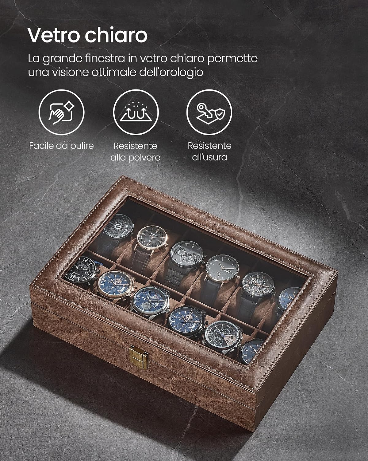 Thumbnail 6 de SONGMICS Porta Orologi a 12 Posti JWB120KQ02 – Scatola portaorologi con coperchio in vetro e cuscini rimovibili