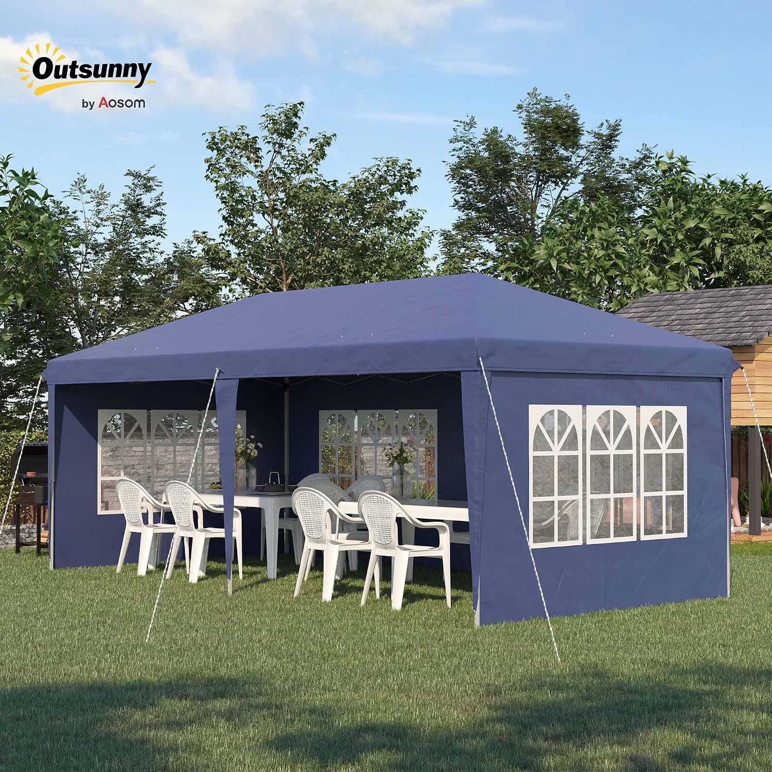 Detalle de Outsunny Tonnelle de Jardin extérieure Pop-up Pliante 3x6 m – Barnum 3 côtés démontables, blanc