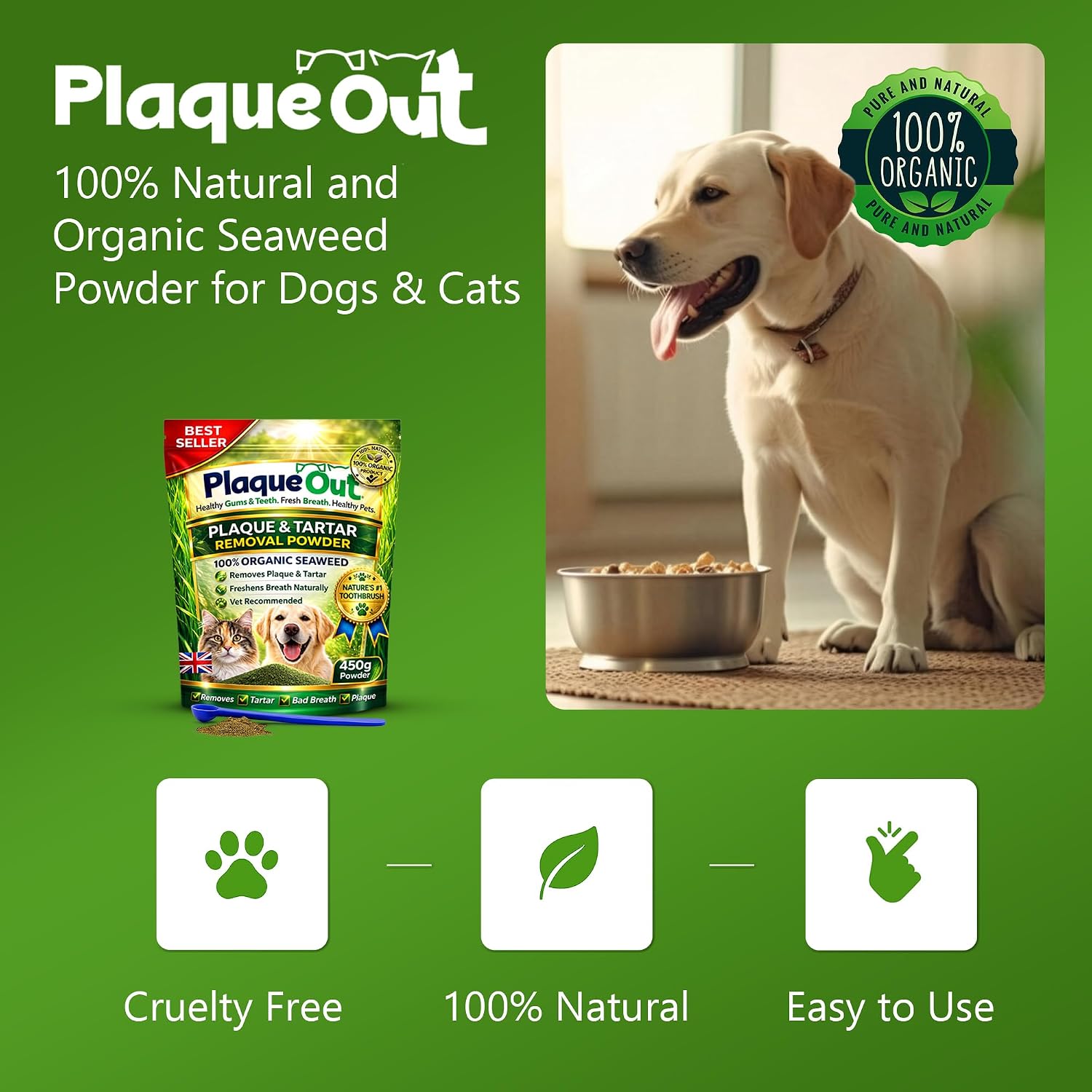 Detalle de Plaque Out 450g Pouch: 100% Natural Seaweed Dental Powder for Dogs & Cats