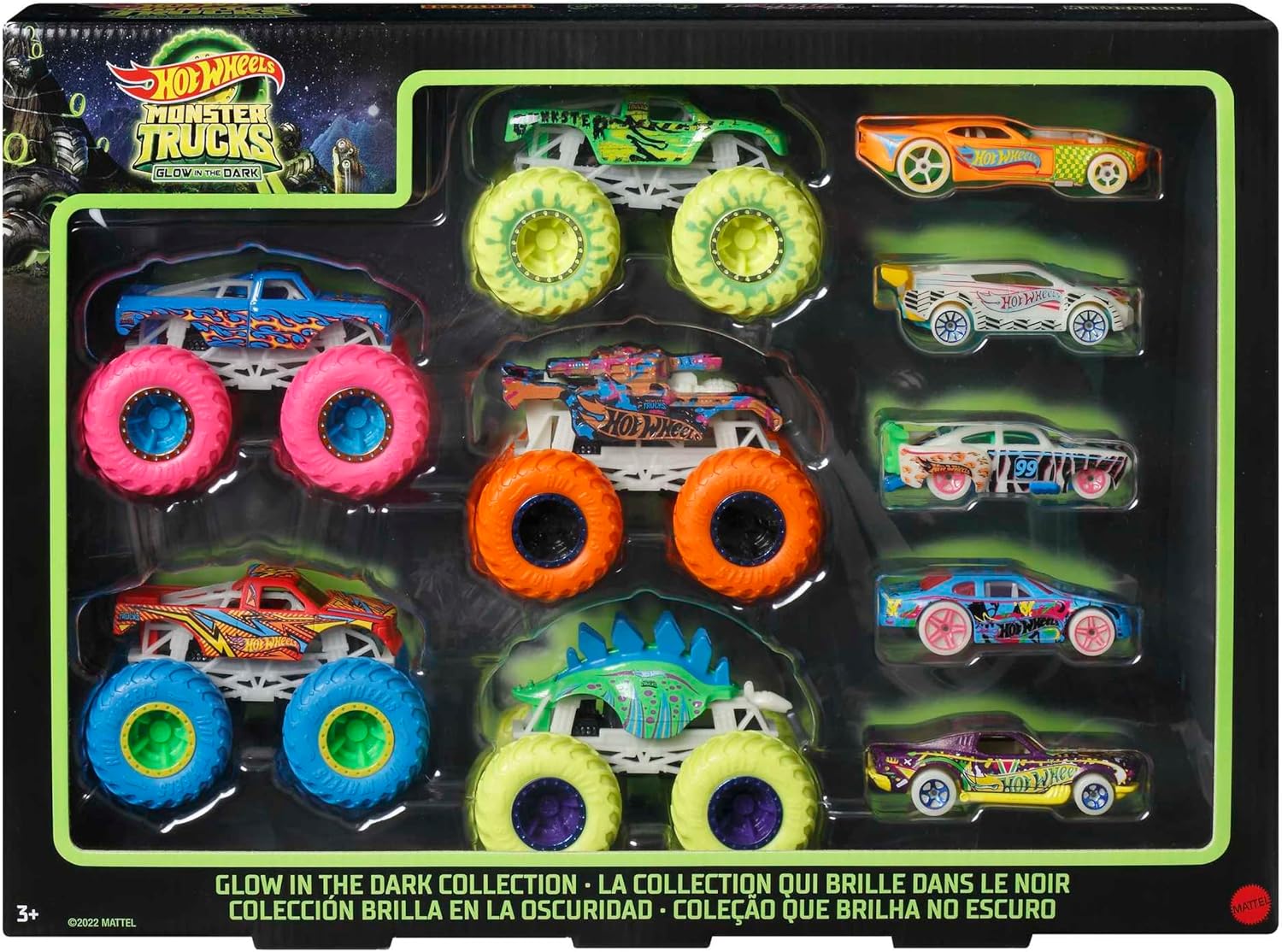 Detalle de Hot Wheels Glow-in-the-Dark Monster Trucks 10-Pack (1:64) – 5 Trucks & 5 Cars