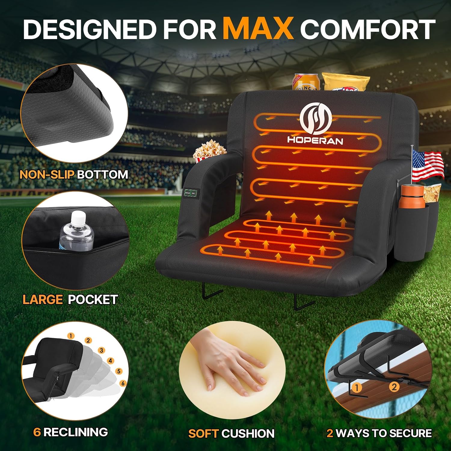Detalle 2 de HOPERAN 1409-BK-21in-1pc Heated Stadium Seat with Dual-Zone Heat & Recline