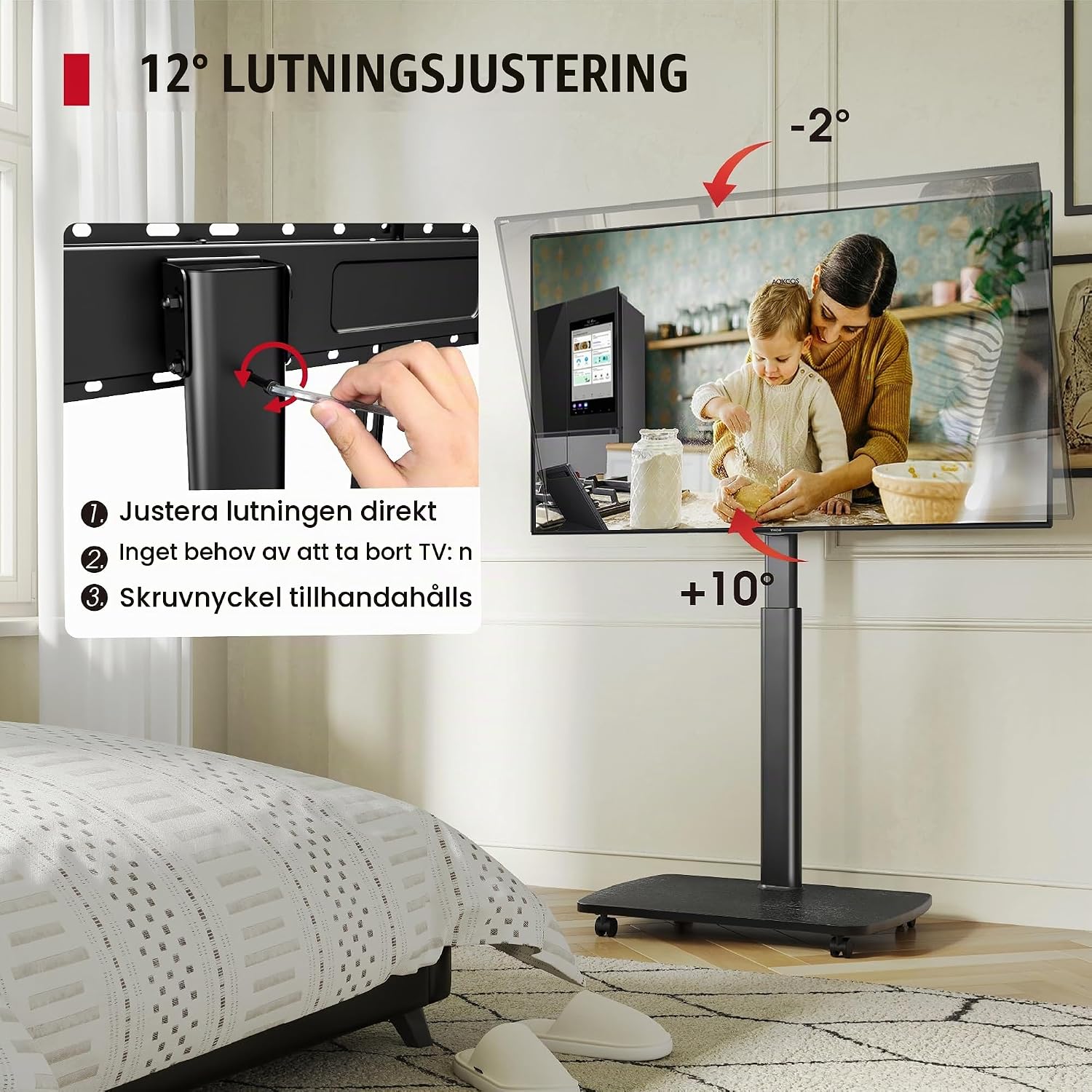 Detalle de AOKCOS FTC1607AWB-EU TV-golvstativ med hjul, träbas och justerbar höjd