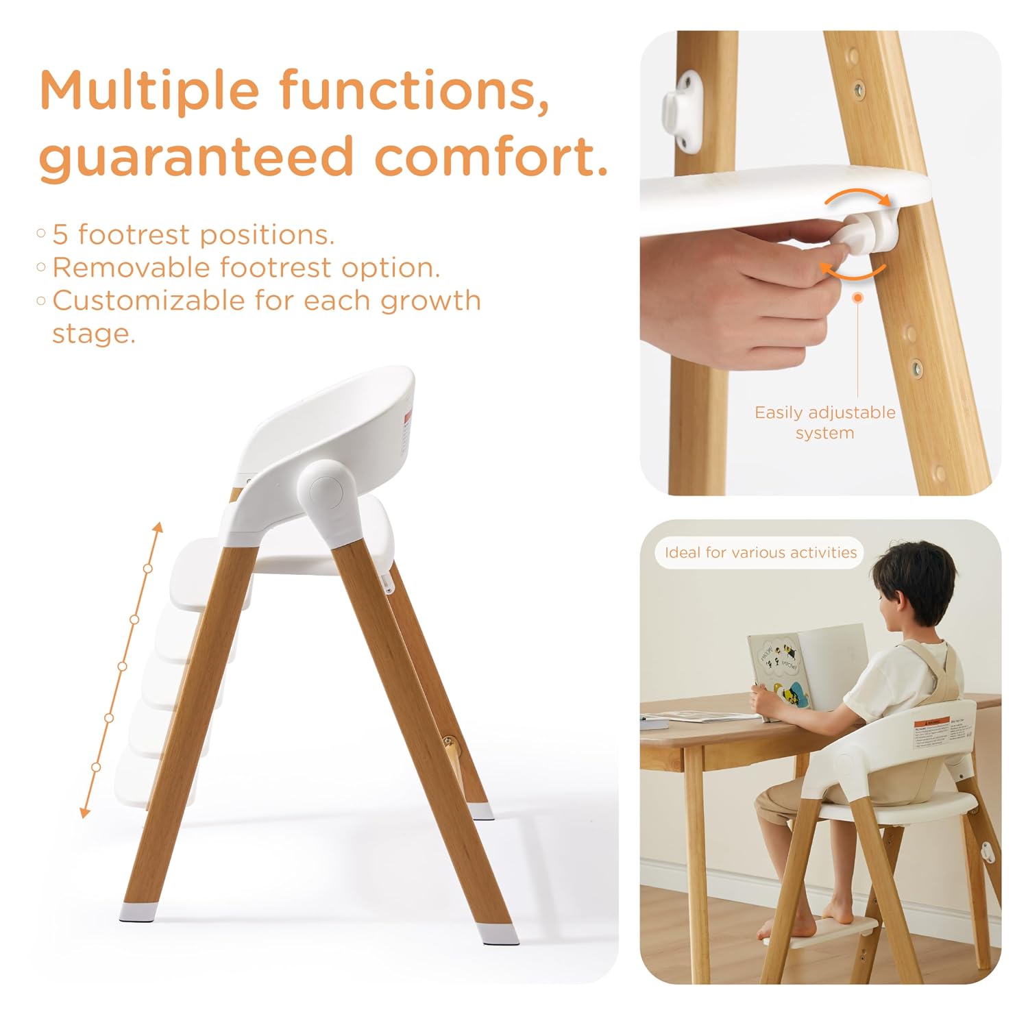 Thumbnail 4 de KUB Foldable Baby High Chair, White with Wood-Print Metal Frame