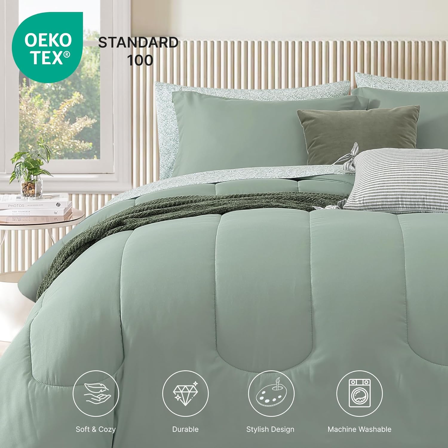Thumbnail 3 de Monbix Queen Comforter Set - 7 Pieces Sage Green Bed in a Bag