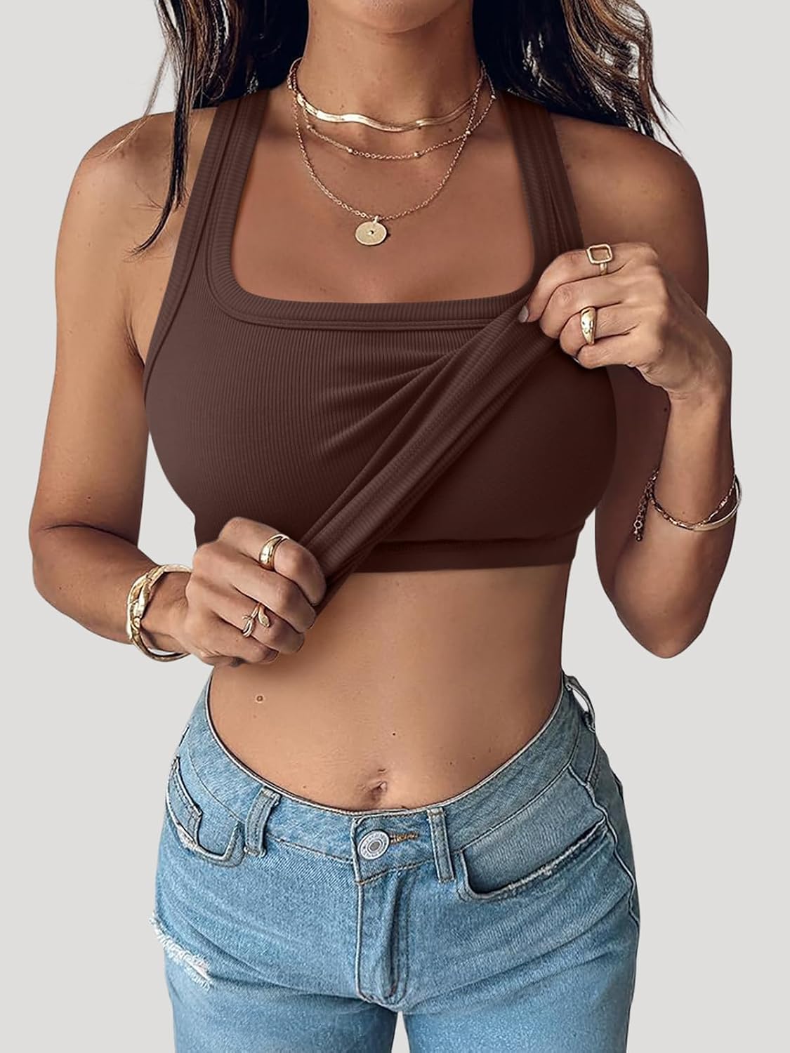 Detalle 2 de REORIA Built-in Bra Tank Tops for Women: Summer Sleeveless Racerback, Square Neck, Ribbed Basic