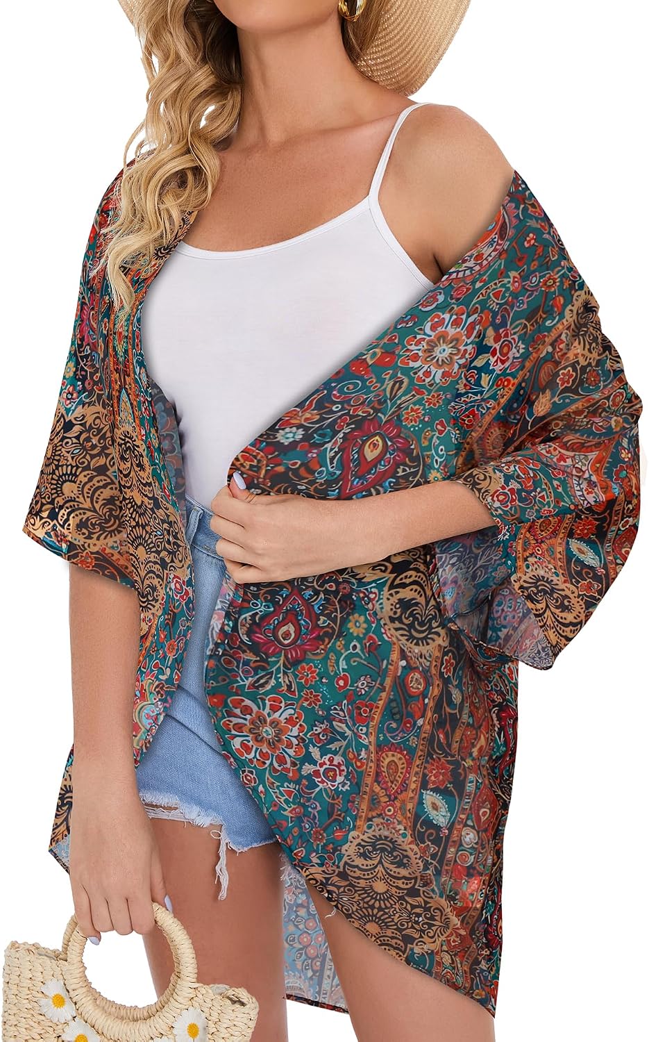 Detalle 2 de CHICALLURE Floral Chiffon Kimono Cardigan, Sheer Open-Front Beach Cover-Up