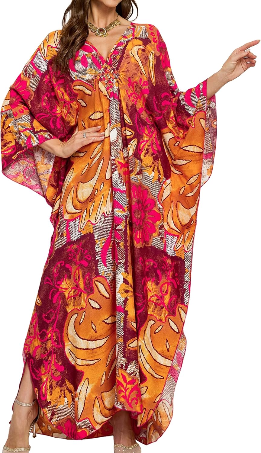 Detalle de Yanziliu Plus Size Kaftan Dress: Floral V-Neck Beach Cover Up