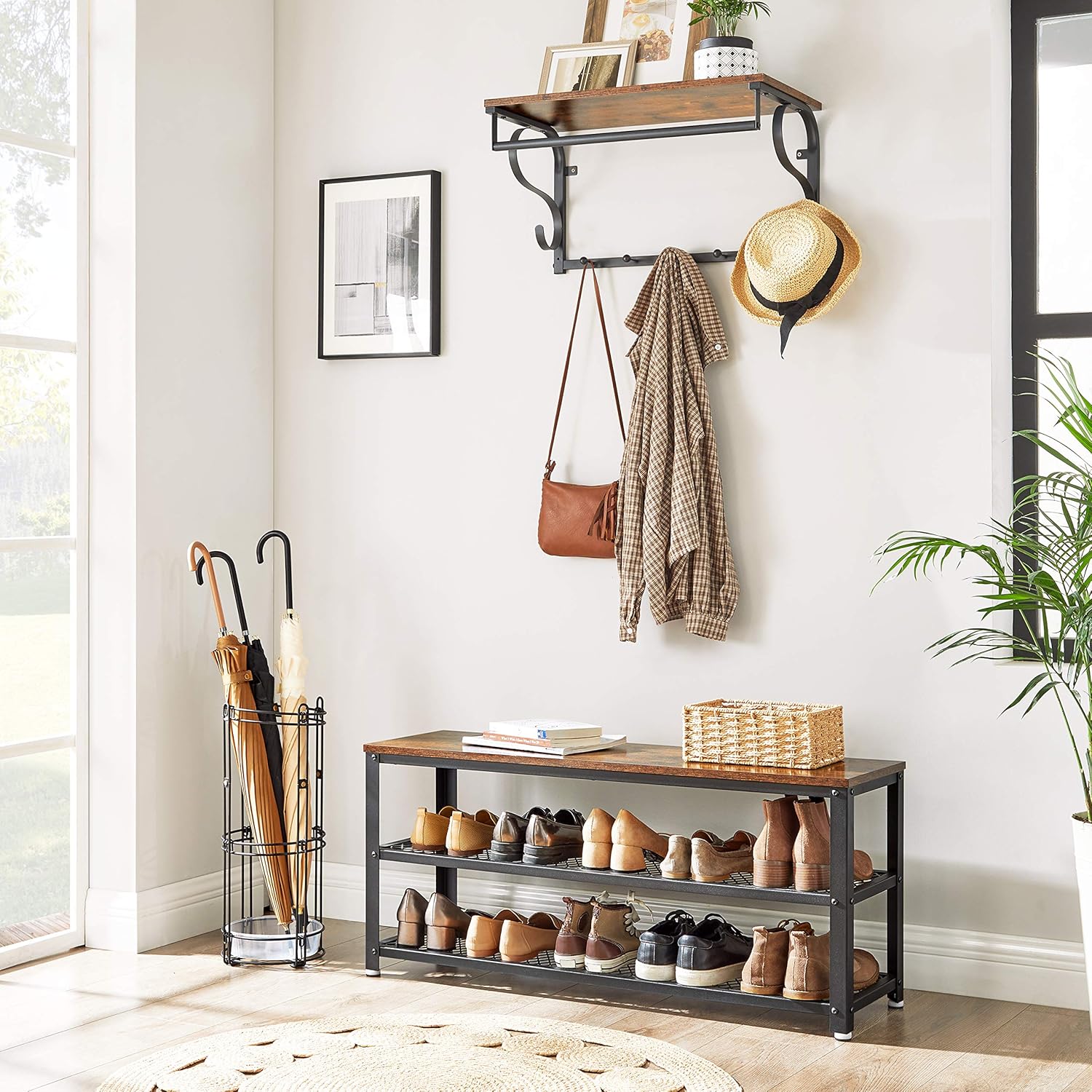 Detalle 2 de VASAGLE LBS078B01 Shoe Bench with 2 Shelves (Industrial/Rustic Brown & Black, 100 x 30 x 45 cm)