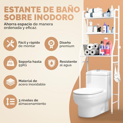 Detalle de JUPPLIES Estantería Baño sobre Inodoro (47×26×153 cm) – Mueble auxiliar de 3 niveles en metal blanco