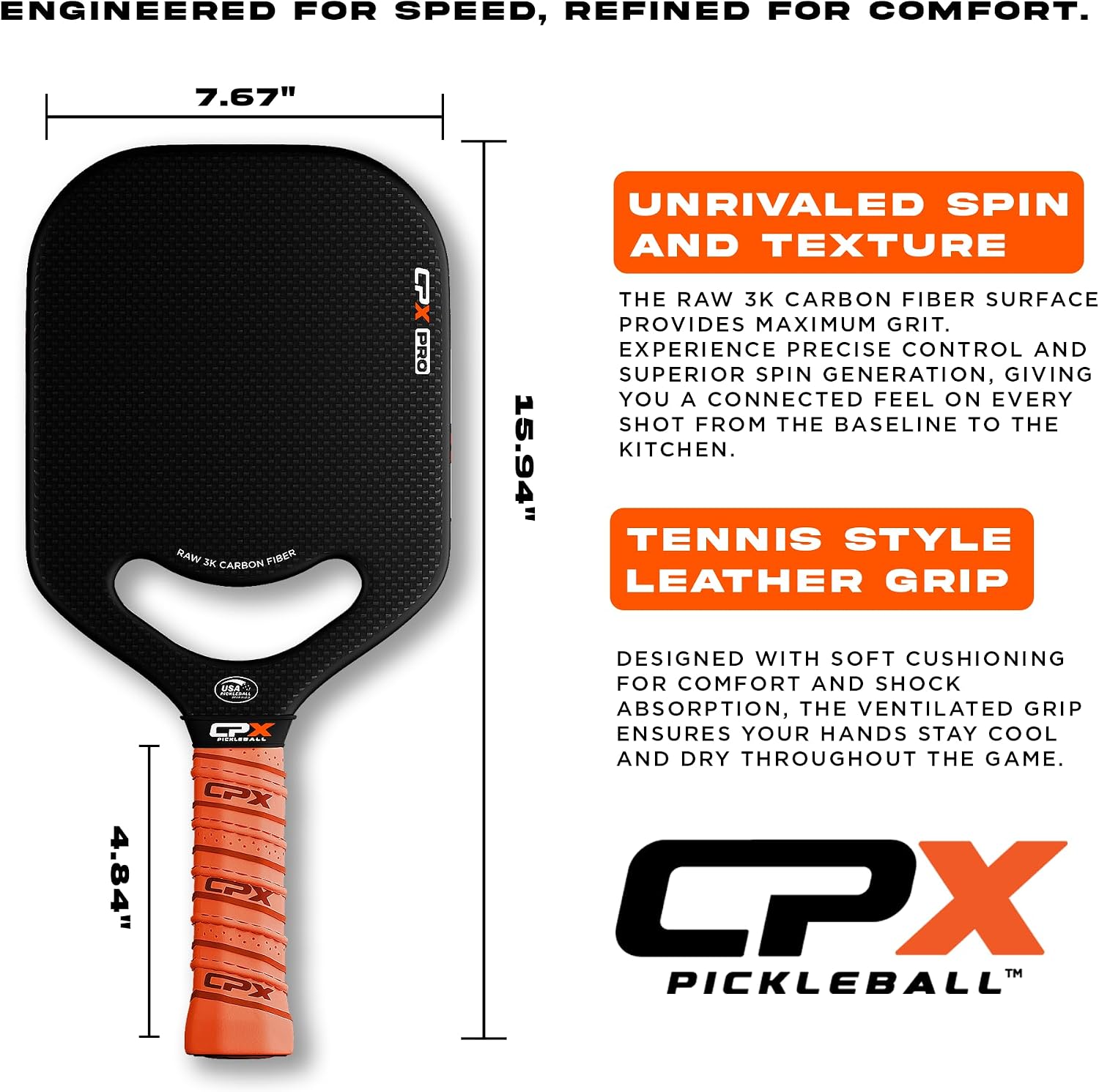 Detalle 2 de CPX Pickleball CPX Pro Carbon Fiber Paddle, Honeycomb Core, Edgeless Design