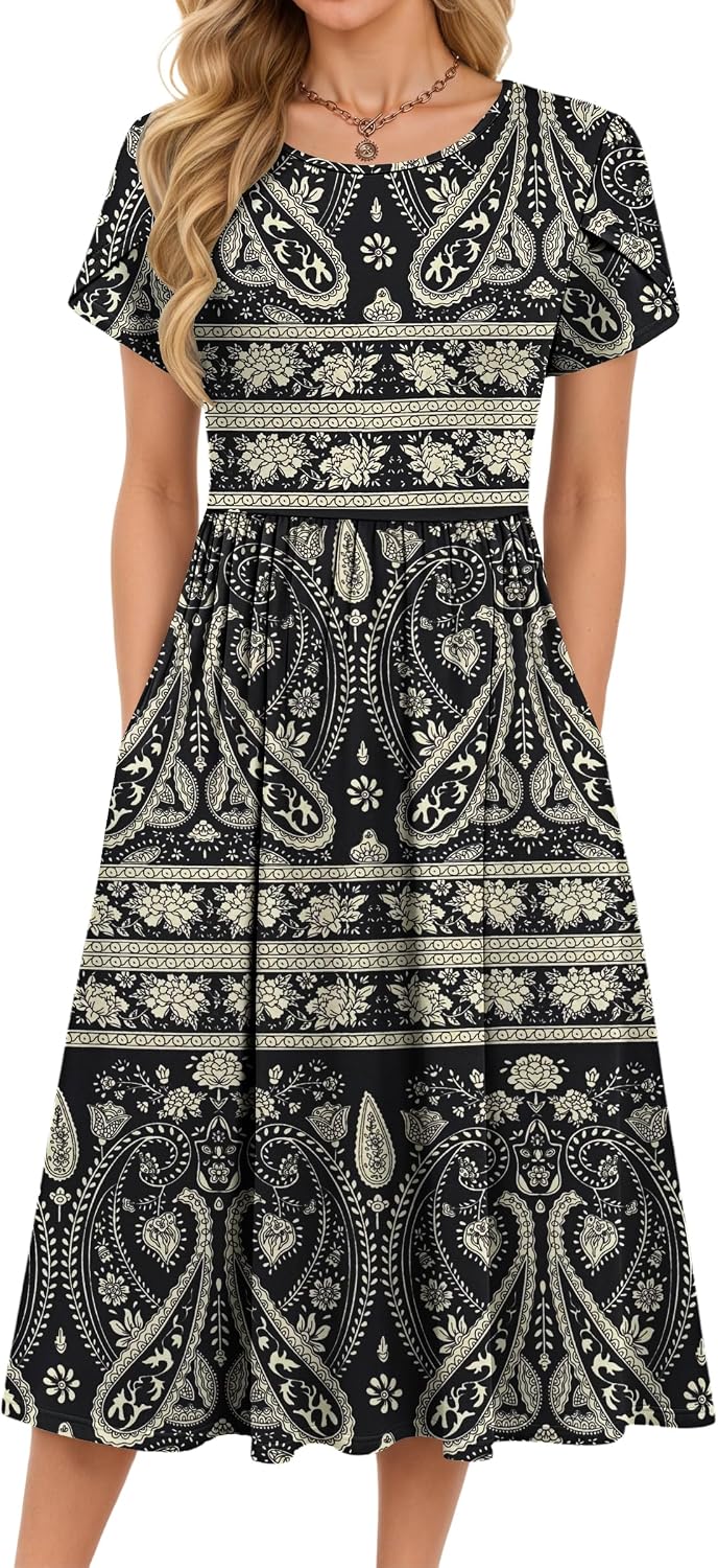 Detalle de MOLERANI Damen Sommerkleider – Kurzarm Rundhals Midikleid mit Tasche, A-Linien-Schnitt