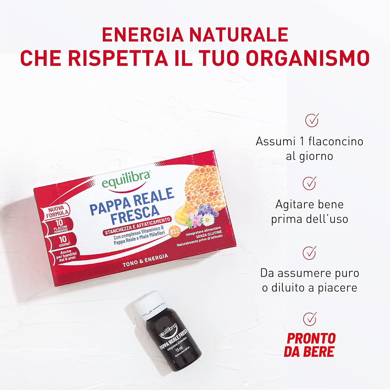 Detalle de Equilibra Pappa Reale Fresca con vitamine del gruppo B e miele Millefiori – 3 confezioni da 10 flaconcini