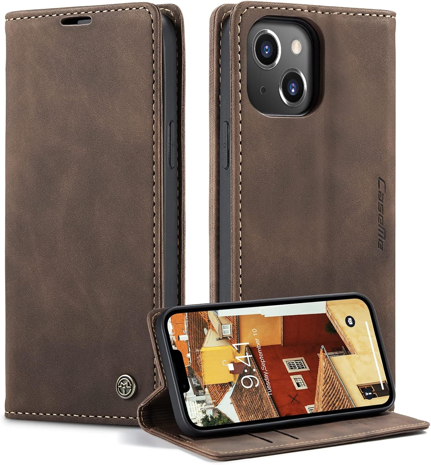 Detalle de Monweicz coque iPhone 14 Clapet en cuir Café
