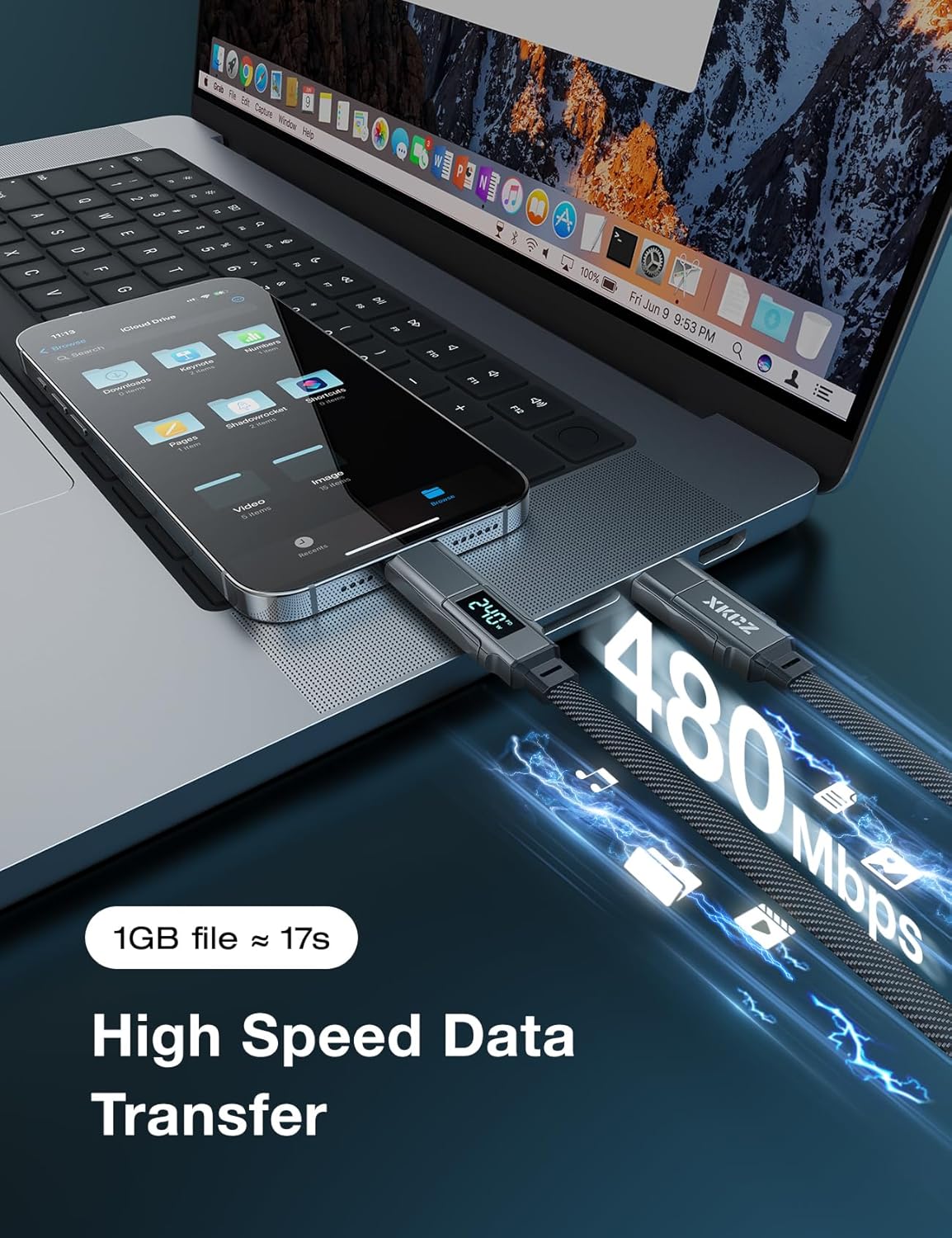 Thumbnail 5 de XKCZ 4-in-1 USB-C Cable with Wattage Display (240W) — 3ft Flat Nylon Braided Multi-Charge Cord