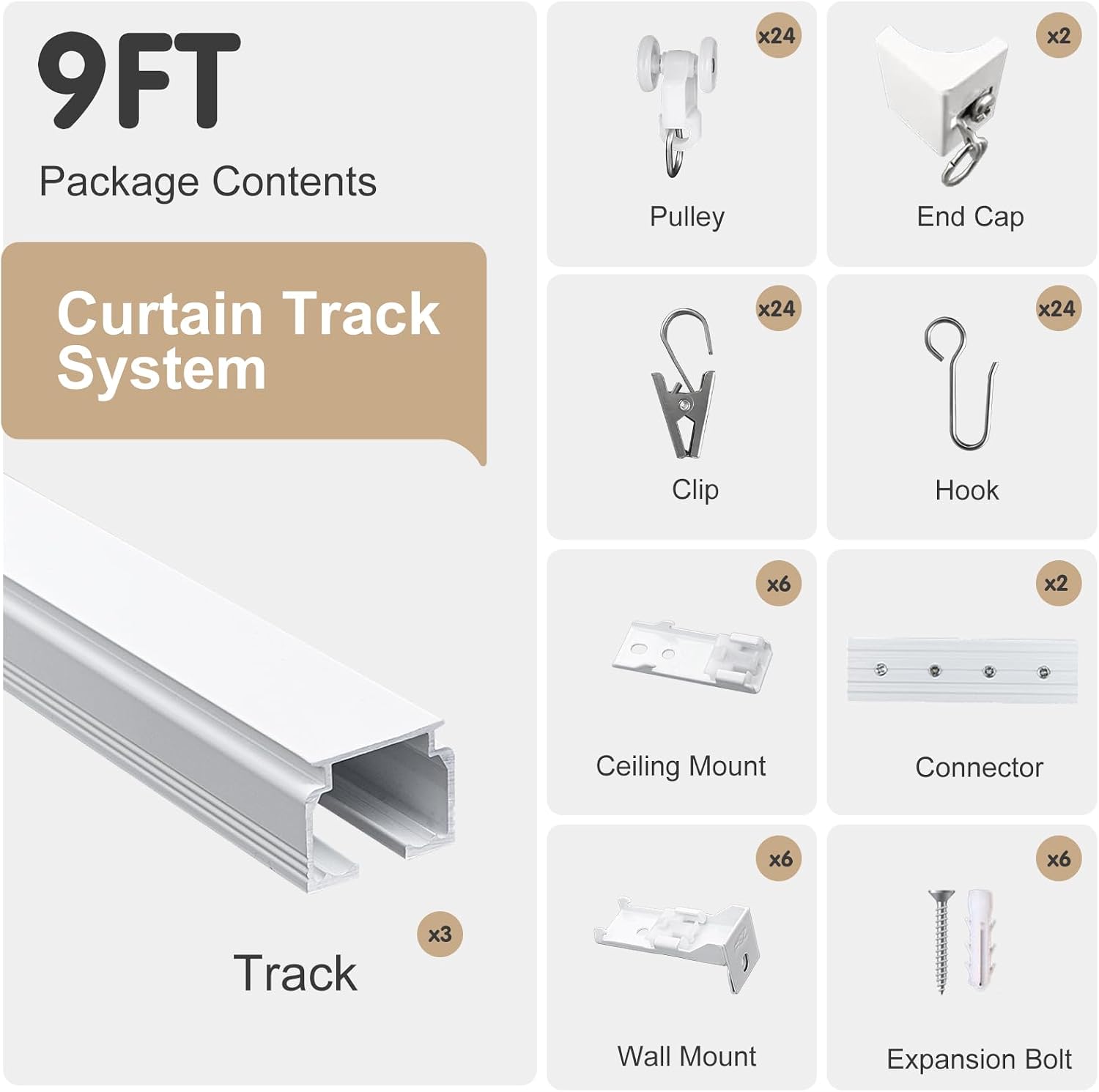 Detalle 2 de MaKefeile Ceiling Curtain Track, White Aluminum, Wall or Ceiling Mount, 6ft–9ft