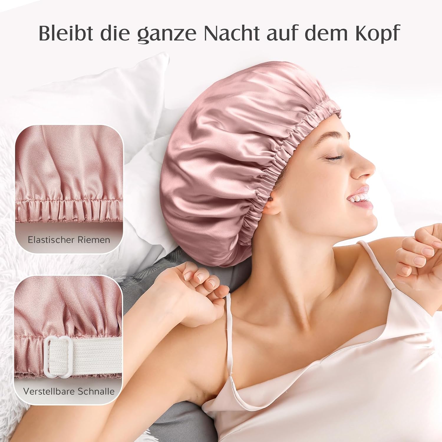 Detalle de Umisleep Doppellagige Seiden-Nachtmütze 22 Momme – für lockiges Haar, atmungsaktiv, verstellbar