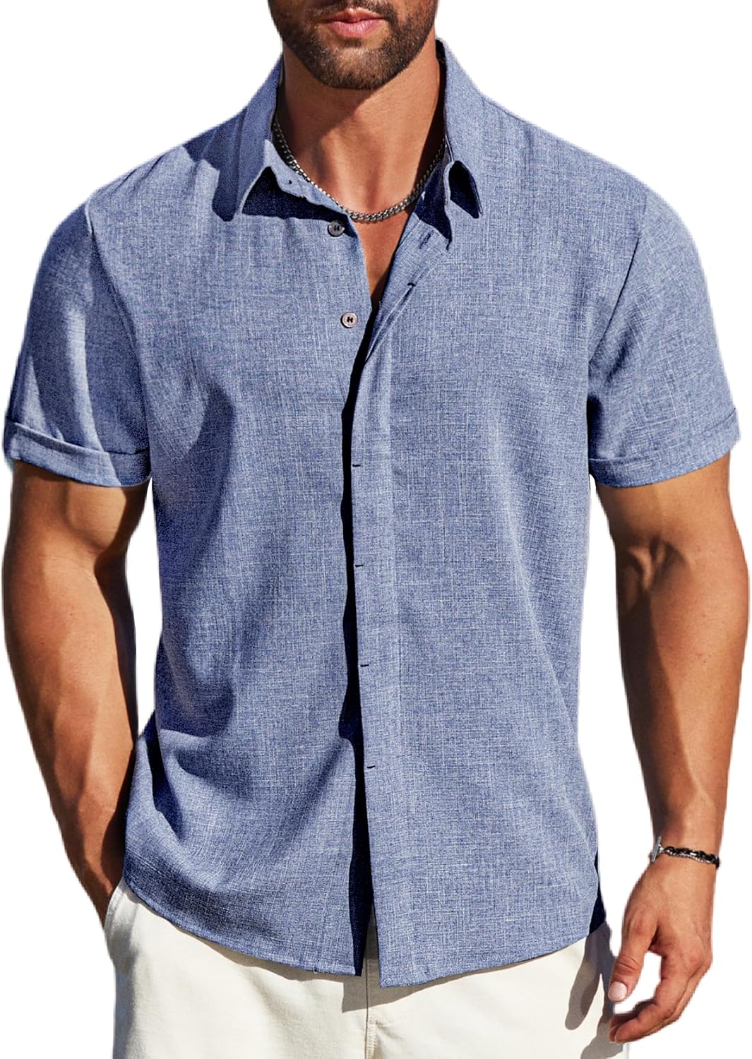 Detalle de MAPICK Men's Linen Short Sleeve Shirt Casual Button-Down