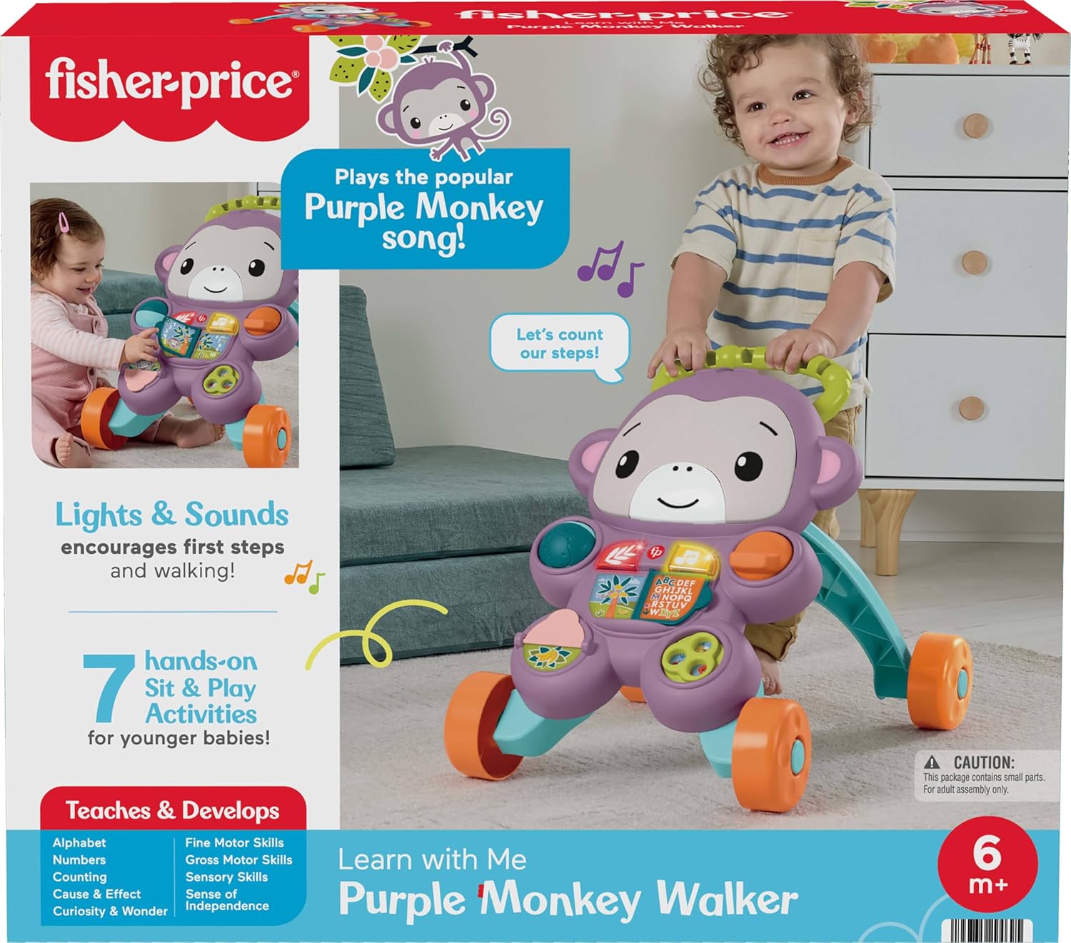 Detalle 2 de Fisher-Price Learn with Me Purple Monkey Walker: Musical Push Toy for Babies 6+ Months (JLD58)
