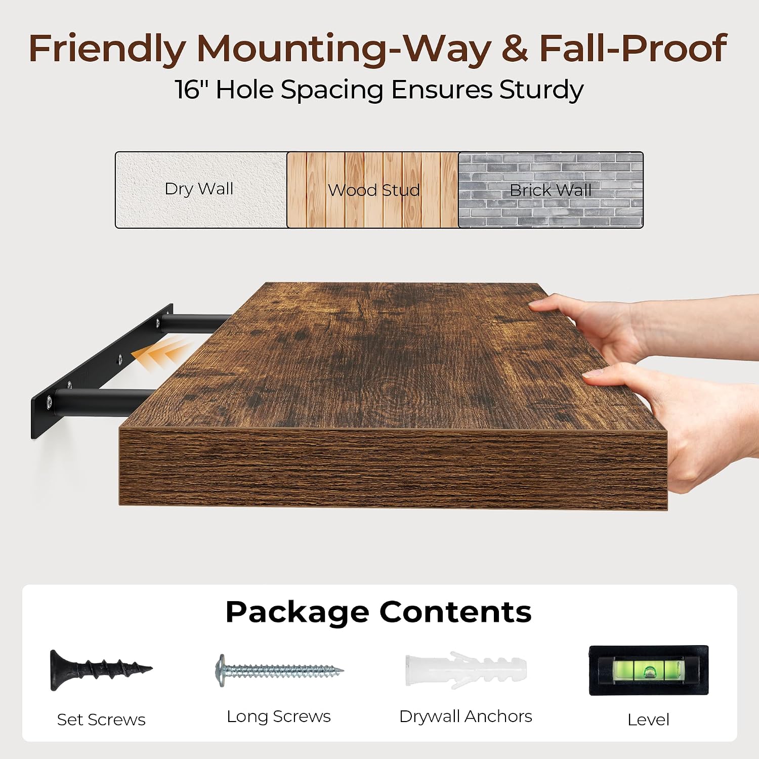 Detalle 1 de Fun Memories FS-MDF62 16-Inch Floating Shelves, 8-Inch Deep, Brown, 3-Pack