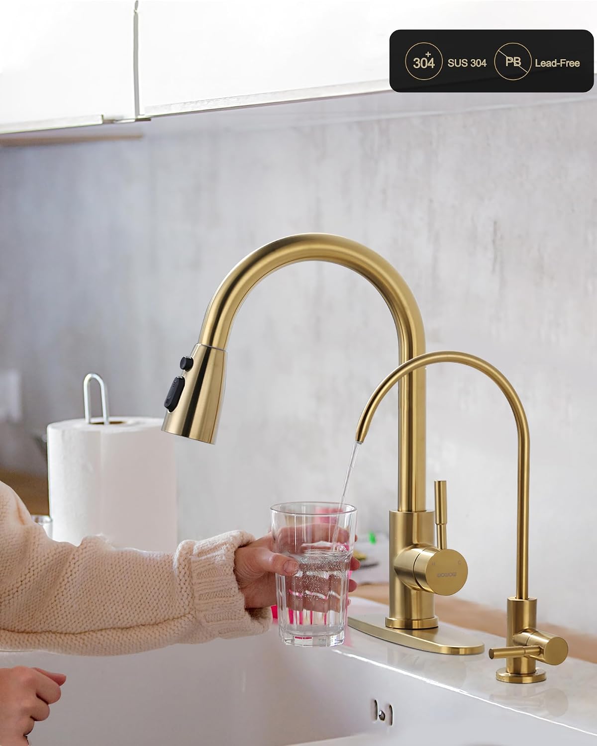 Detalle de WOWOW 2310301G-L Kitchen Faucet Combo, Brushed Gold, Pull-Down Sprayer