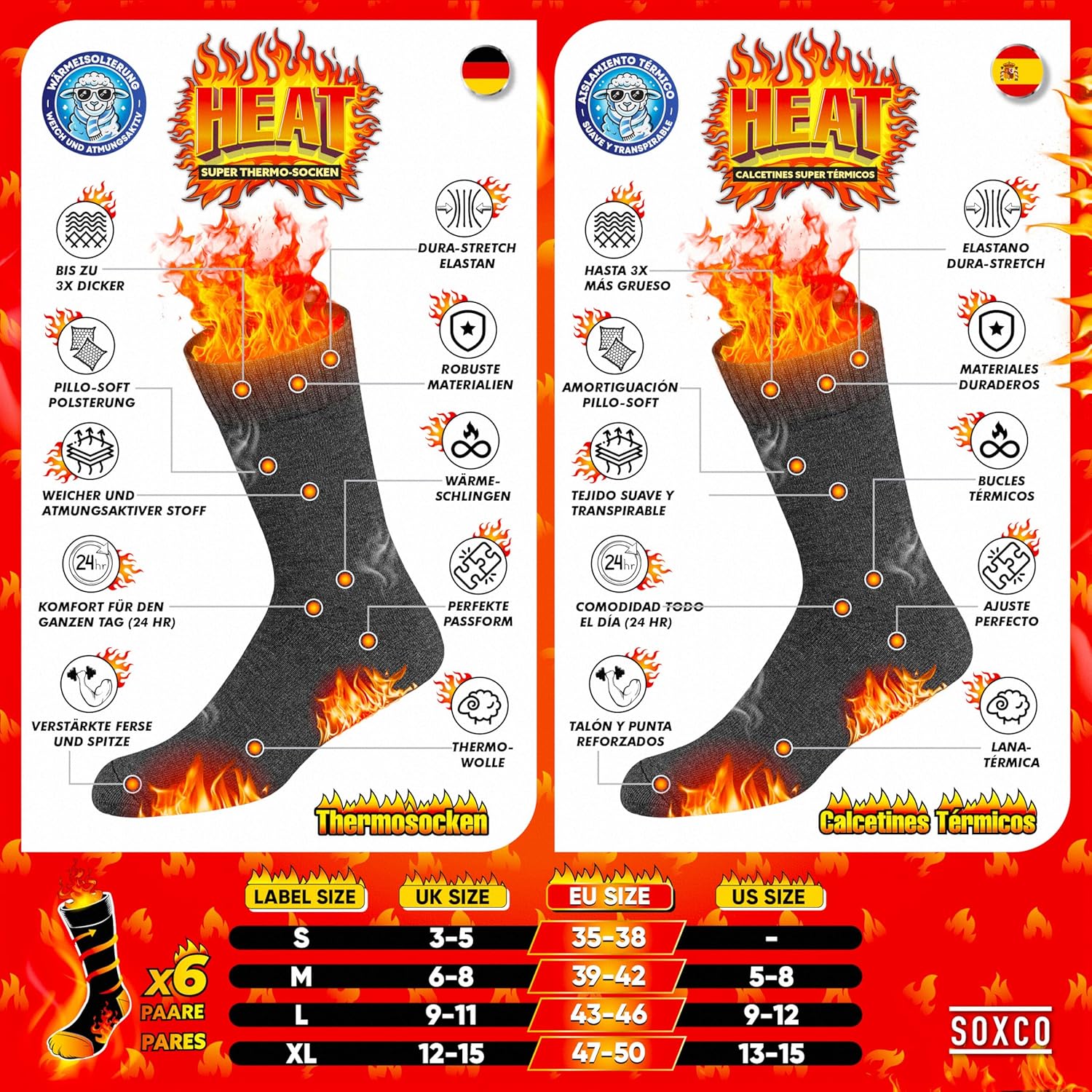 Thumbnail 4 de SOXCO Chaussettes thermiques d’hiver (lot de 6) pour hommes et femmes