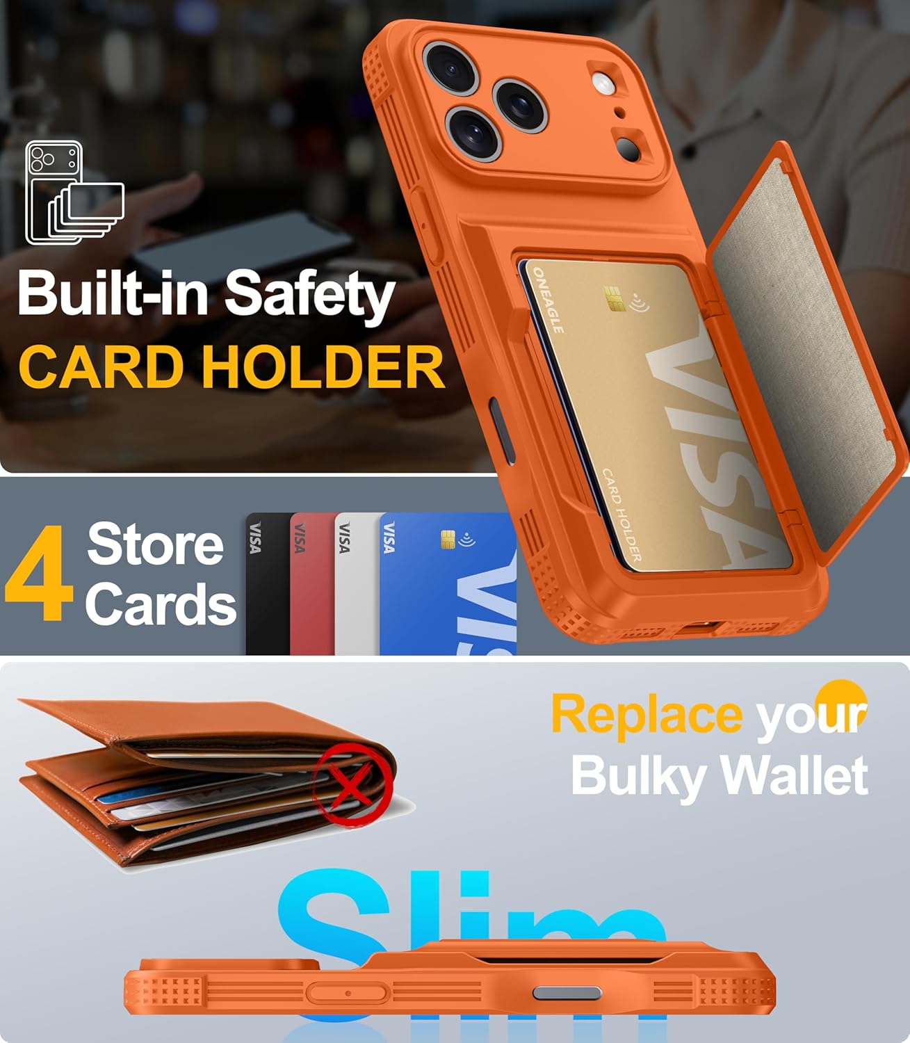Detalle 2 de Oneagle iPhone 17 Pro Max Wallet Case with RFID Card Holder & Kickstand
