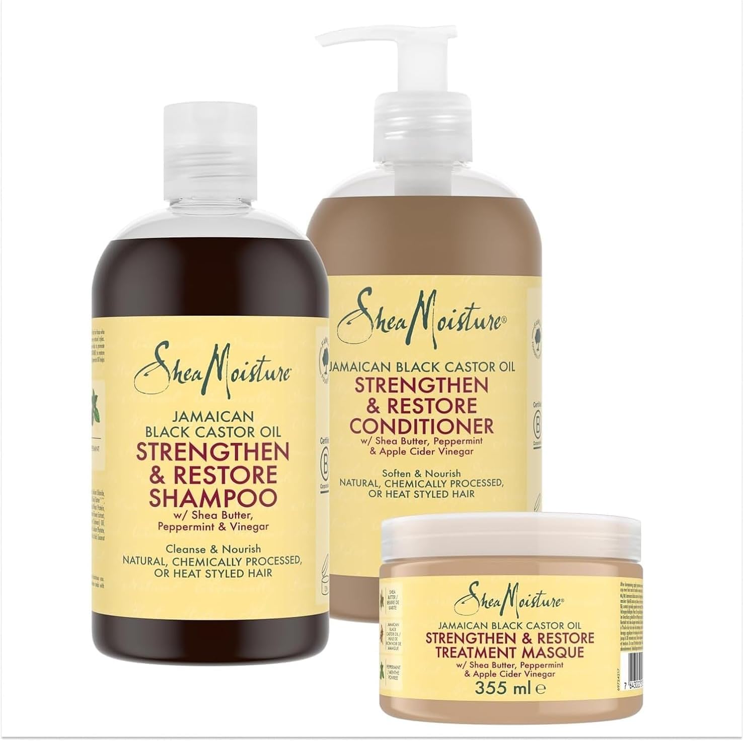 Detalle de SheaMoisture Maschera Strengthen & Restore (355 ml) per capelli trattati, sfibrati e ricci