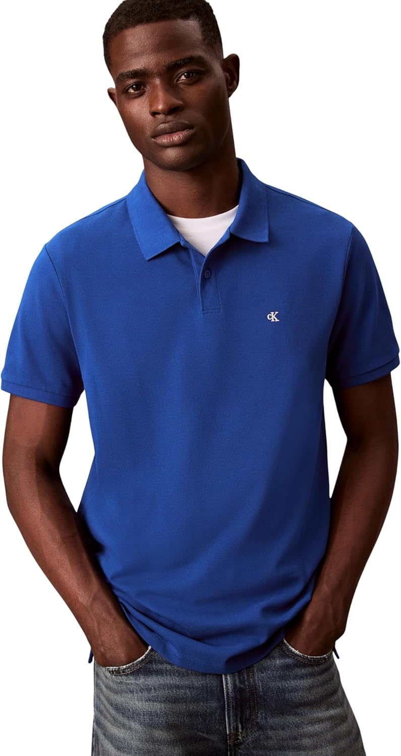 Detalle de Calvin Klein Polo SS Monogram de piqué LV040EM269 para hombre, azul Chase Blue