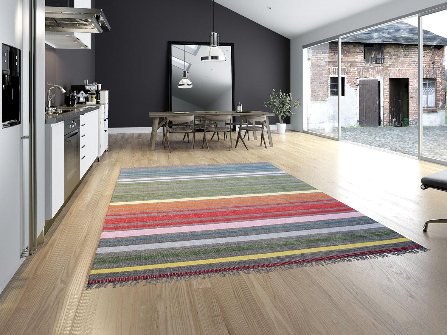 Detalle de RugVista Rainbow Stripe Rug, 140 x 200 cm, Handwoven Cotton, Low Pile