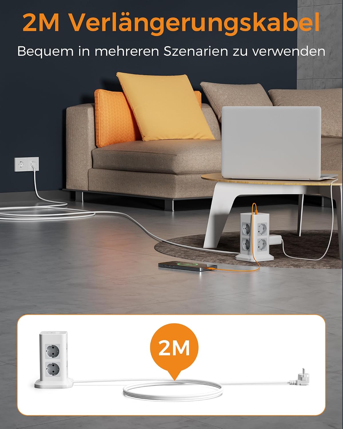 Detalle de TESSAN Mehrfachsteckdose mit 3 USB‑C und 8 AC-Steckdosen (2 m Verlängerungskabel) inkl. Überspannungsschutz – grau