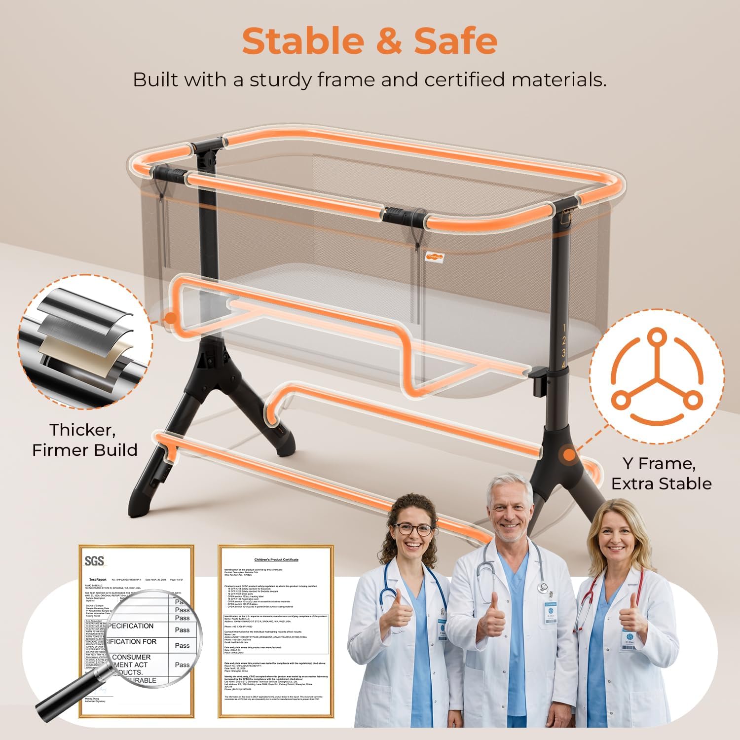 Thumbnail 2 de Pamo babe 3-in-1 Foldable Bedside Bassinet with Wheels, Adjustable Height, Grey