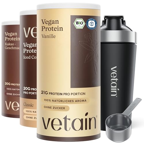 Detalle de VETAIN Vegan Protein Set – 3x Proteinpulver in Vanille, Kakao und Iced Coffee (21 g Protein) inkl. Edelstahl-Shaker
