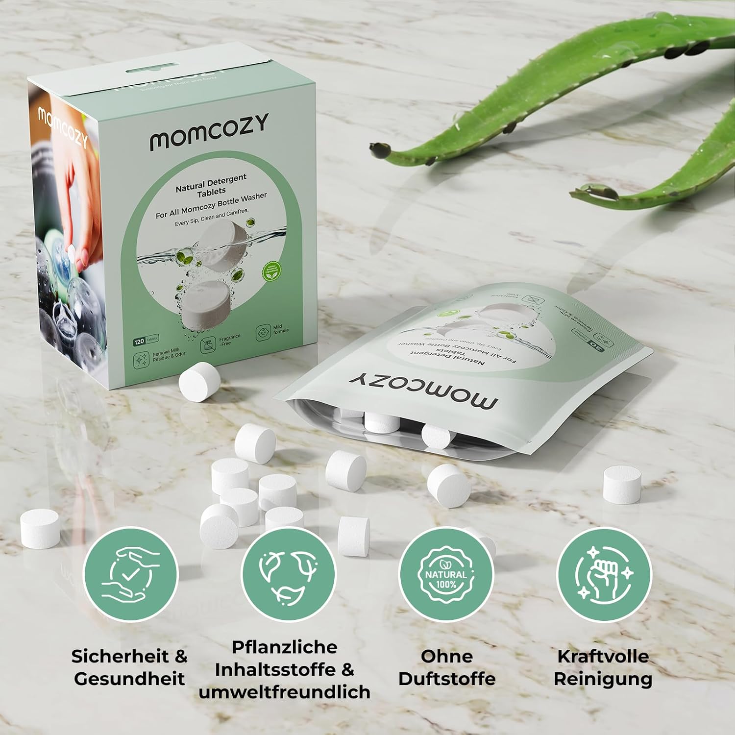 Detalle de Momcozy Offizielle Waschtabletten – pflanzliche Reinigung für Babyflaschen, 120 Tabletten