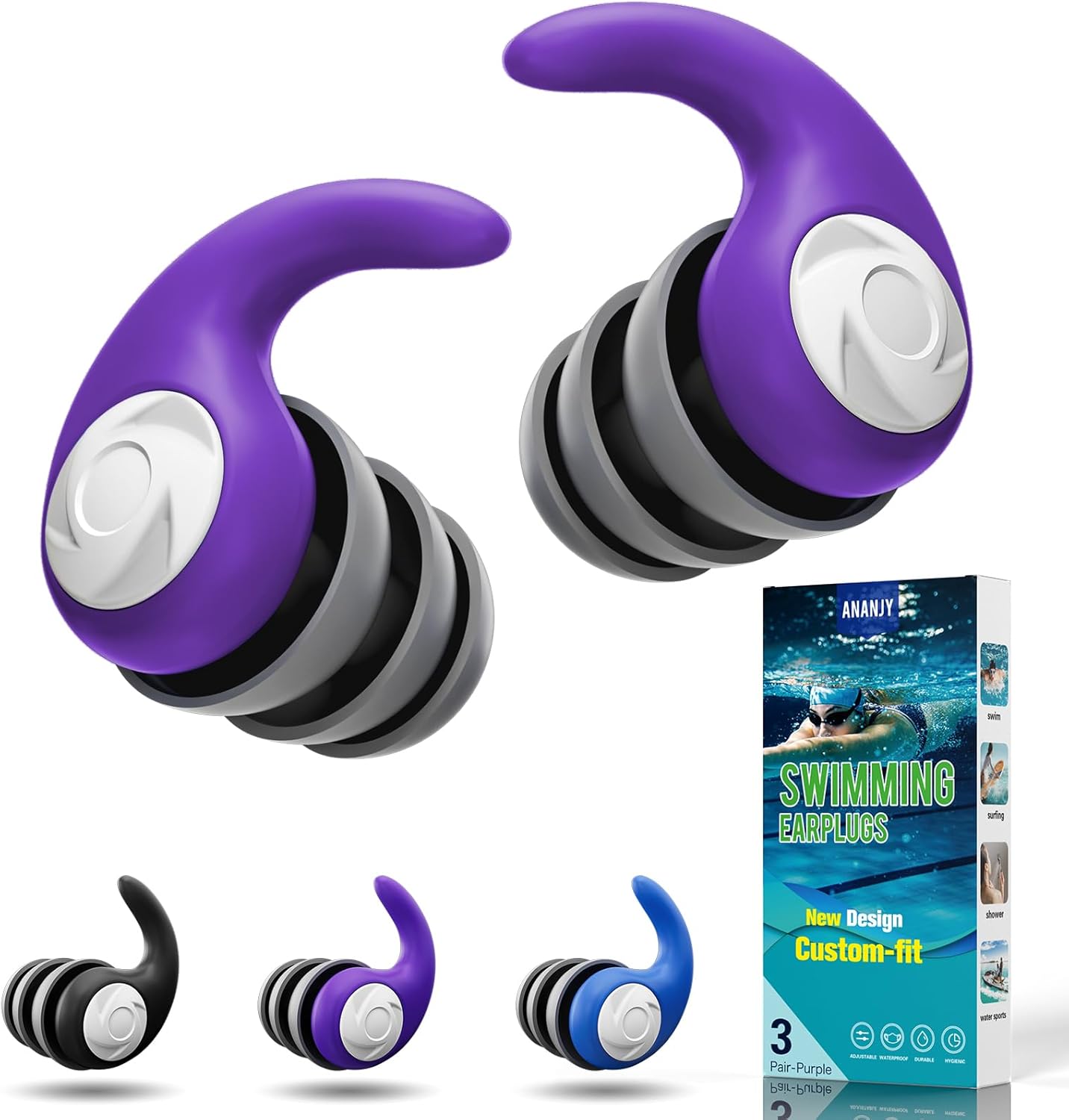 Detalle de Waterproof Swimming Ear Plugs for Adults – 3 Pairs of Reusable Soft Silicone Ear Protection