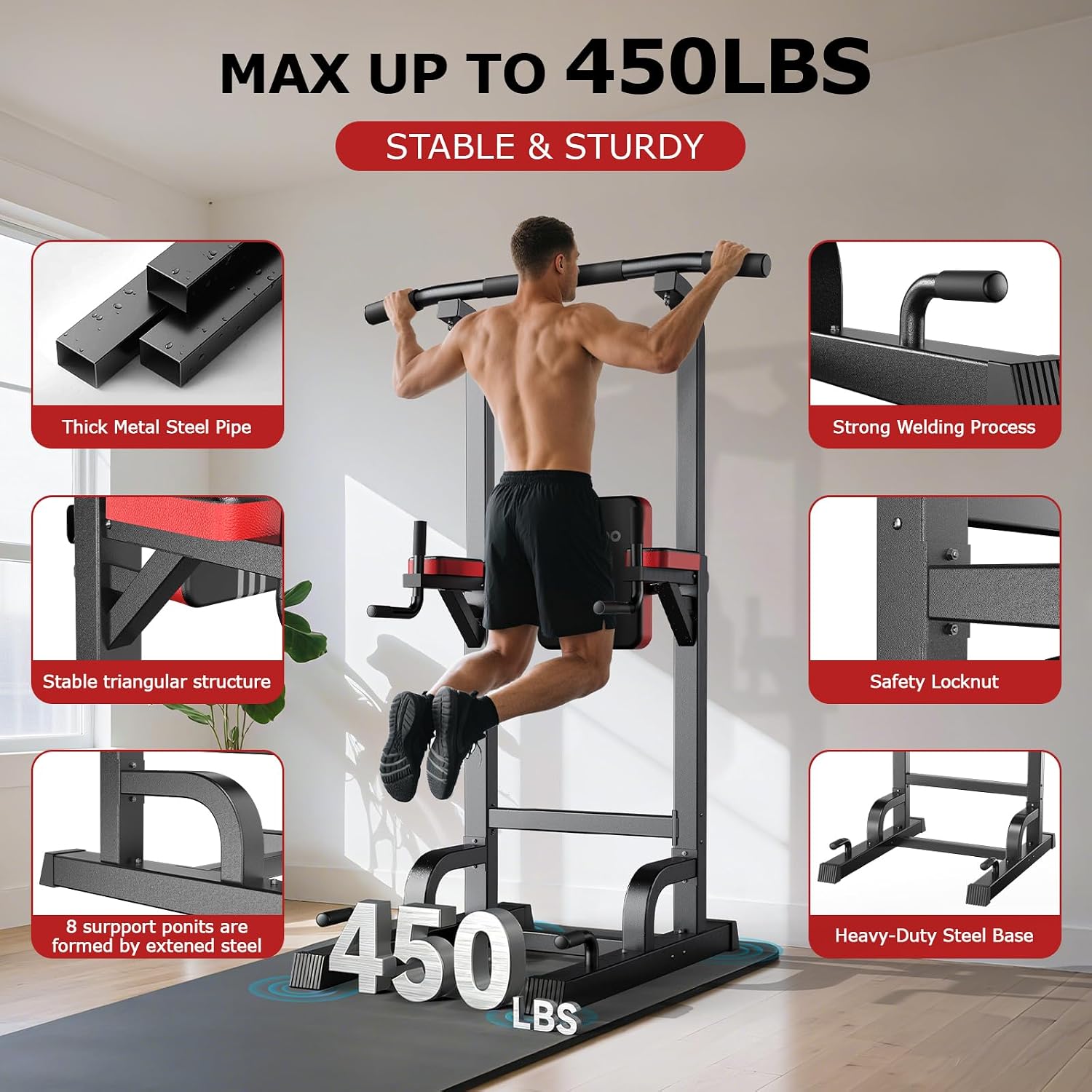 Detalle 2 de pooboo Power Tower Dip Station, 11-Height Adjustable Home Gym