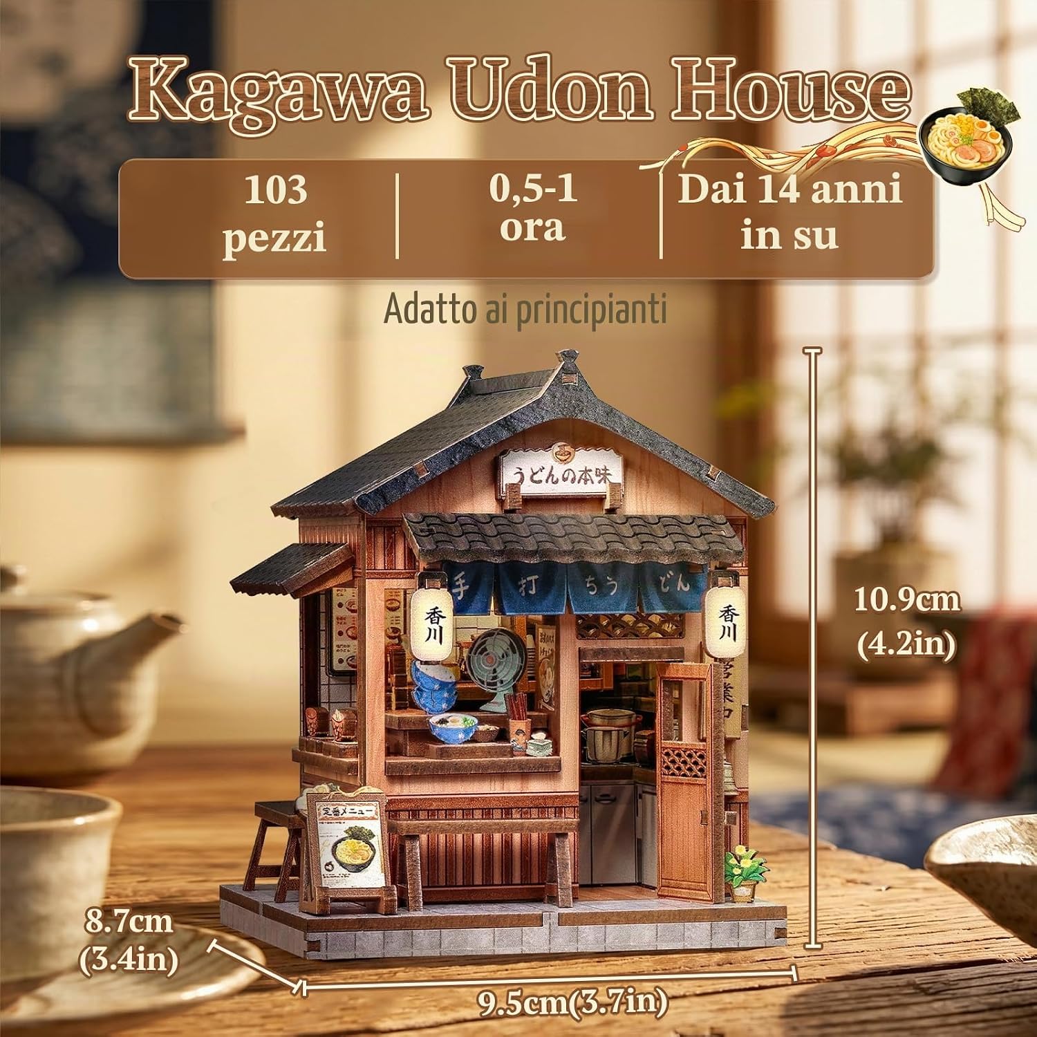 Detalle de CUTEBEE Kit Book Nook Fai da Te – Chiosco di Noodles Giapponesi, Kagawa Udon House, 103 pezzi in legno