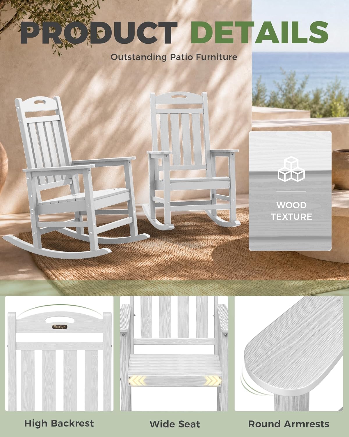 Detalle 2 de SUUNYN SU-Rocking-0802 Outdoor Rocking Chair, White HDPE, High Back
