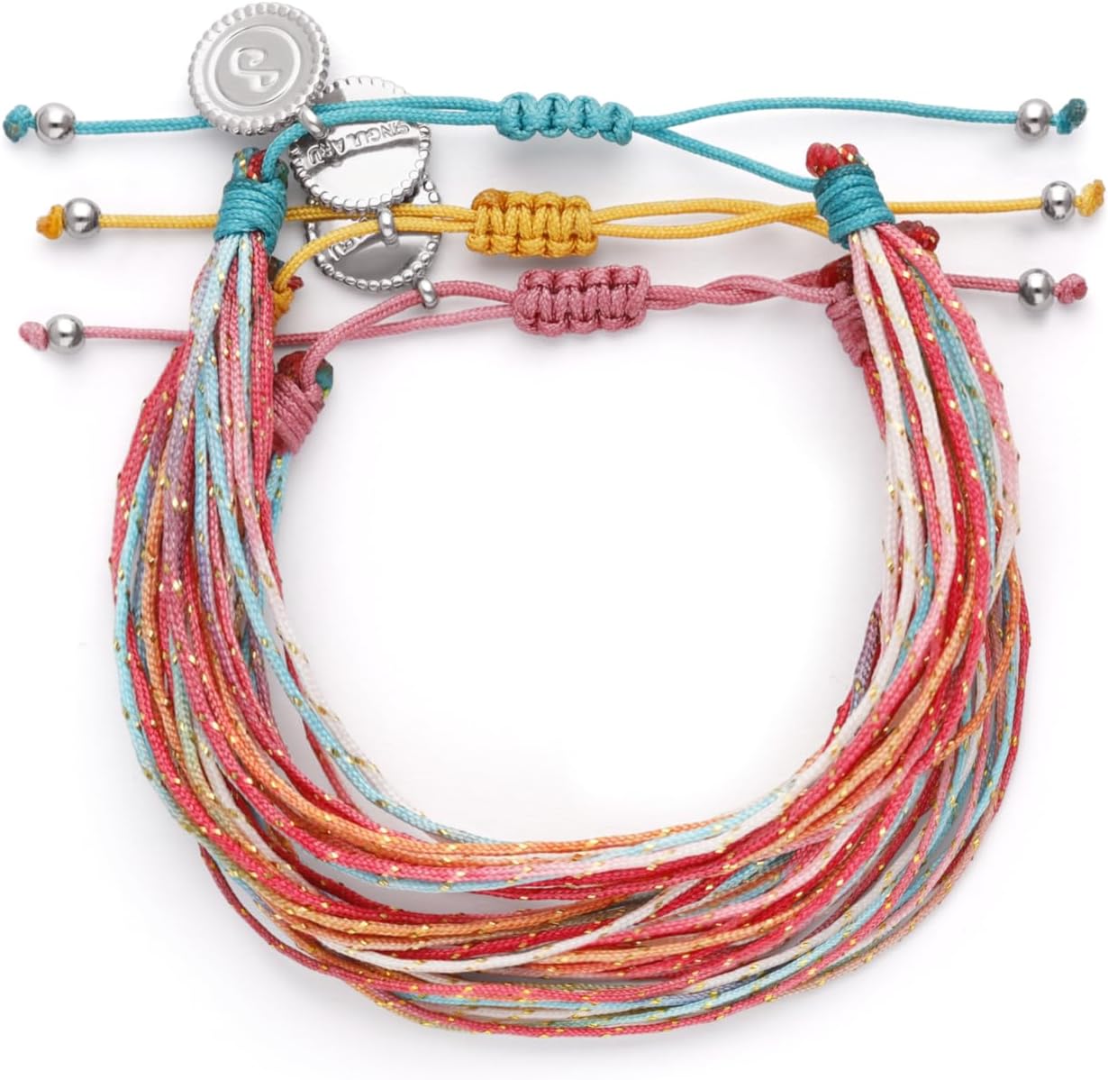 Detalle de SINGULARU Pack 3 Pulseras Sunset Spark: acero, cordón y color suave para llevar contigo